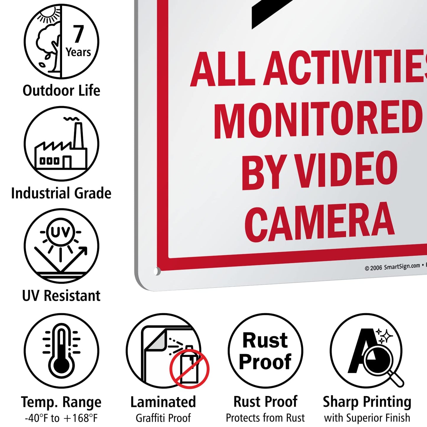 SmartSign 14 x 10 inch “Notice - All Activities Monitored By Video Camera” Metal Sign, 40 mil Laminated Rustproof Aluminum, Red, Black and White, Made in USA