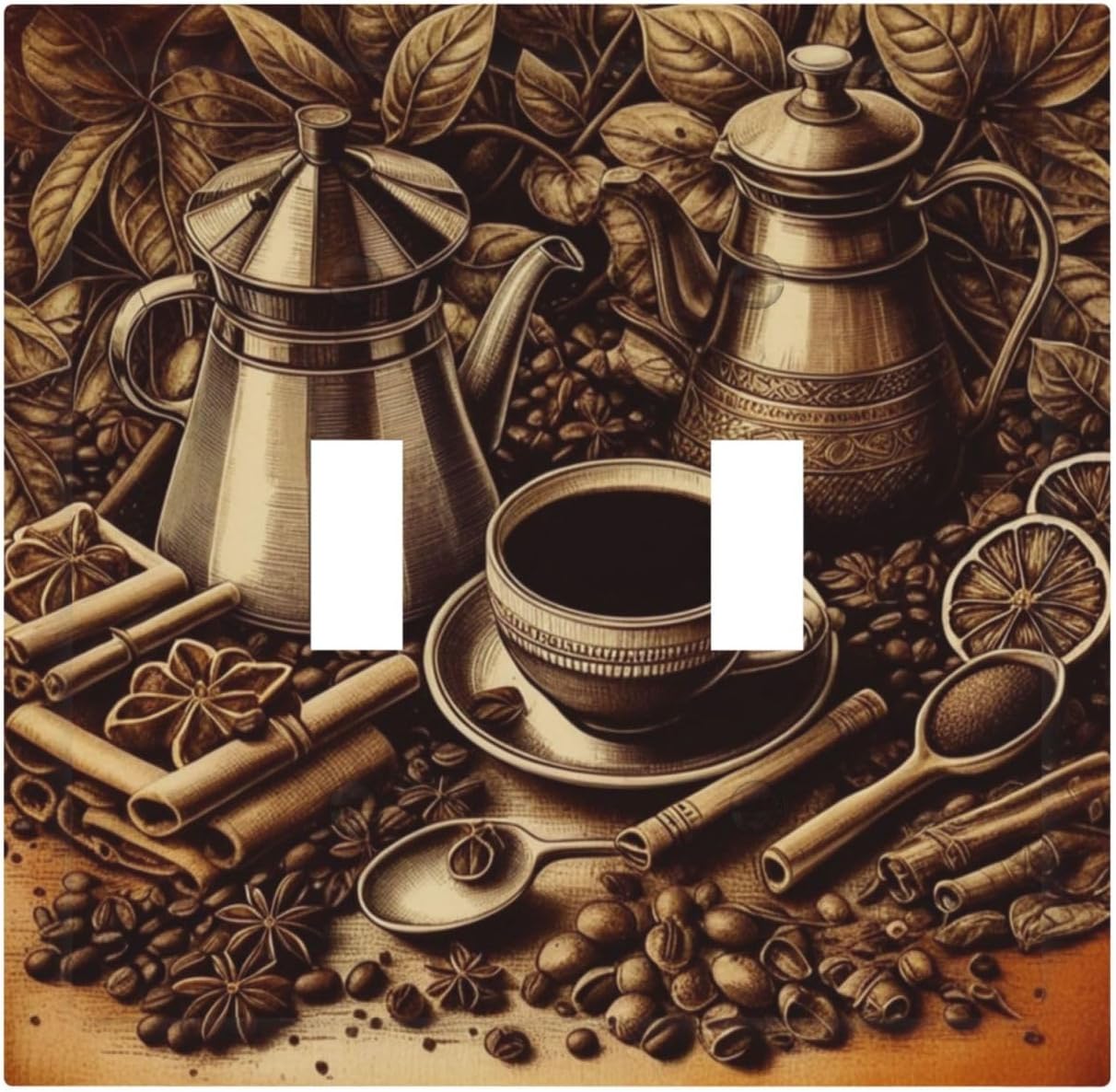 Decorative Light Switch Cover Plate Vintage Coffee Beans Leaf Cup 2 Gang Wall Plate Oversized Double Toggle Two Switch Wall Cover Plate Dual Device Faceplate