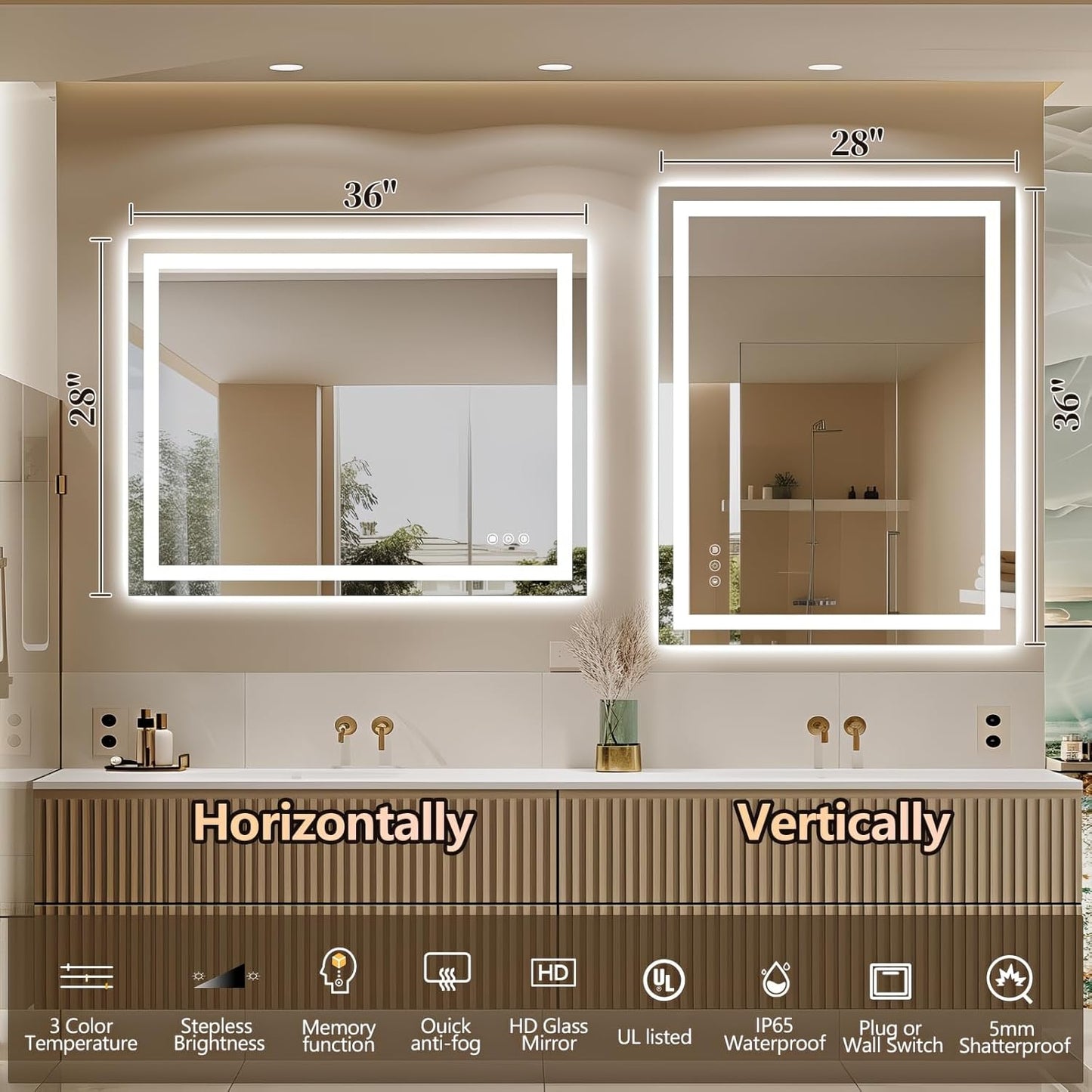 Niccy 36" x 28" LED Bathroom Mirror with Lights, Backlit and Front Lit, Lighted Vanity Mirror for Wall with 3 Colors, Anti-Fog, Shatter-Proof, Memory for Bedroom, Horizontal/Vertical