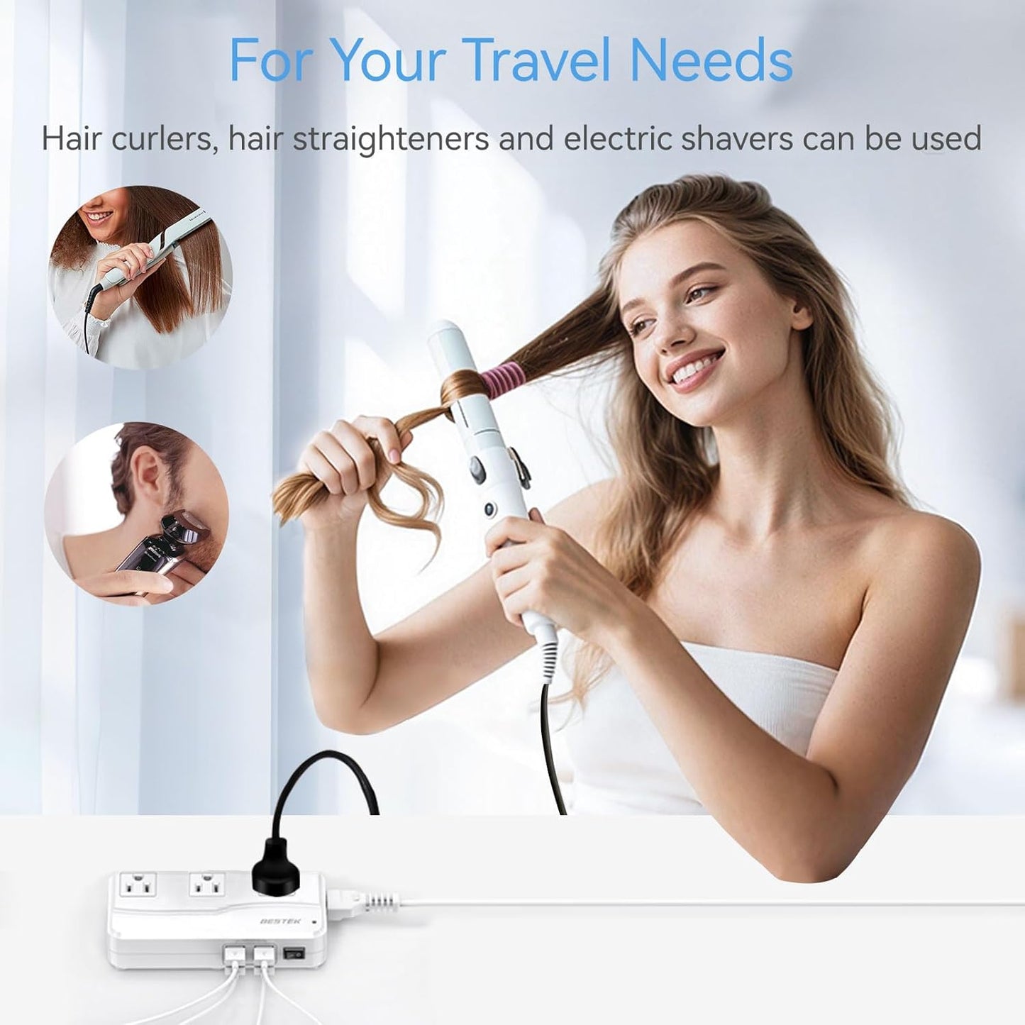 BESTEK Universal Travel Adapter 220V to 110V Voltage Converter with 6A 4-Port USB Charging and UK/AU/US/EU Worldwide Plug Adapter (White)