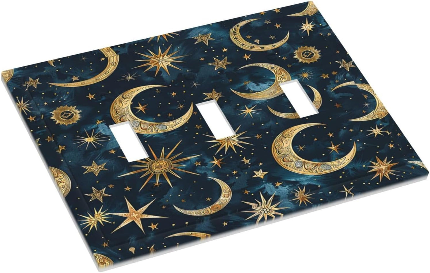 Decorative Switch Plates Modern Abstract Sky Blue Gold Moon Sun Star 3 Gang Wall Plate Triple Toggle Light Switch Cover Faceplate Electrical Wall Panels for Bedroom Kids room Decor