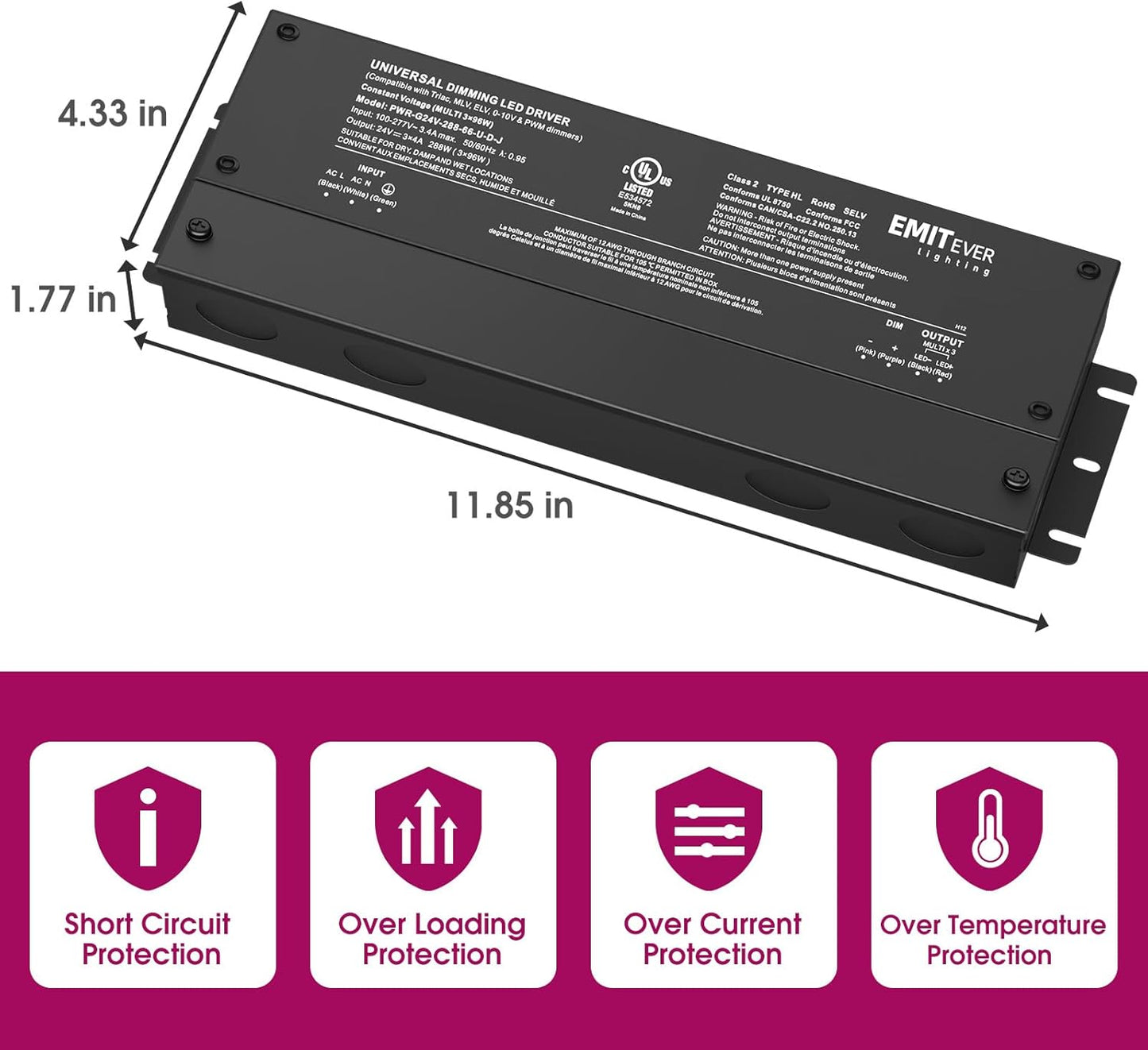 EMITEVER 288W Dimmable LED Driver, 24V 5-in-1 Dimmable Power Supply,3-Channels AC to DC Transformer for LED Light, Compatible with Lutron and Leviton Dimmer, Waterproof IP67 and UL Listed, Class 2