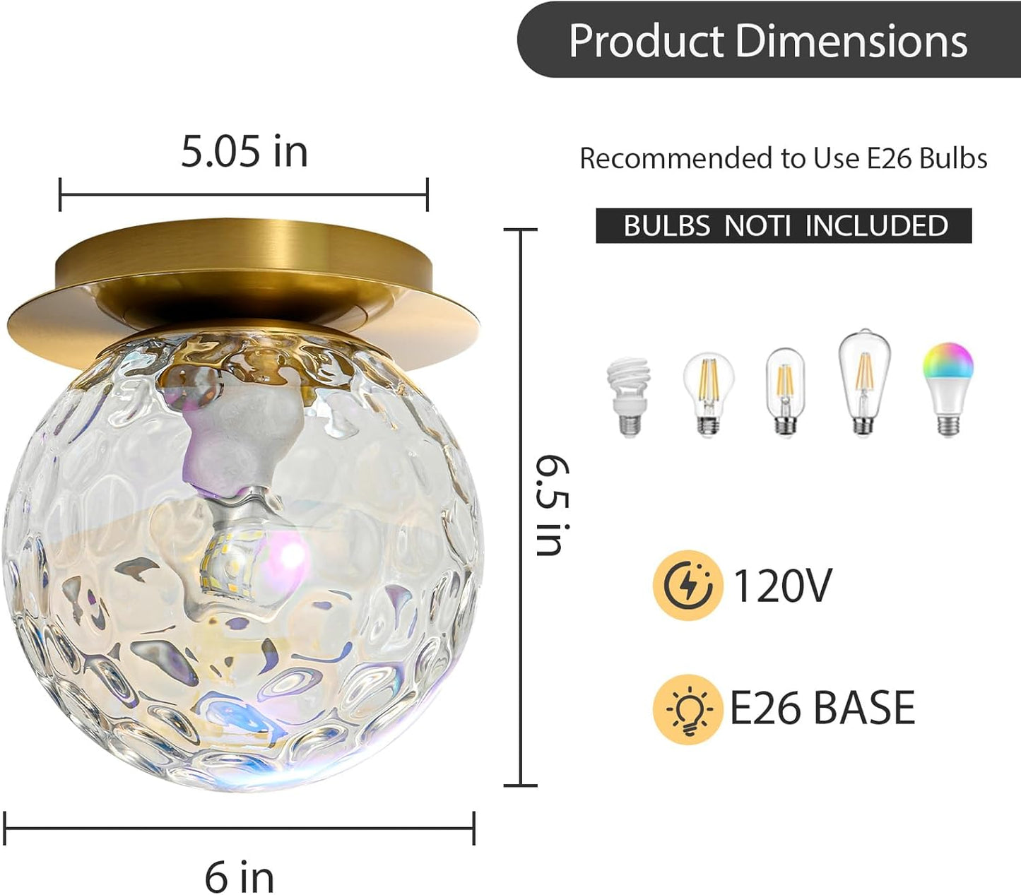 Modern Glass Globe Wall Sconce: Gold Spherical Sconces Light with Hammered Stained Glass Shade - Small Brass Vanity Single Ball Lights Fixture - Contemporary Wall Mounted Lamp for Bedroom Living Room