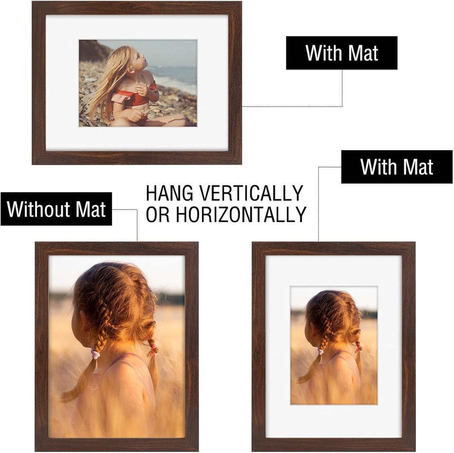 Golden State Art, 9x12 Picture Frame with Mat for 6x8 - High Definition Glass Wall Mounting Horizontal Vertical Display (Brown, 2 Pack)