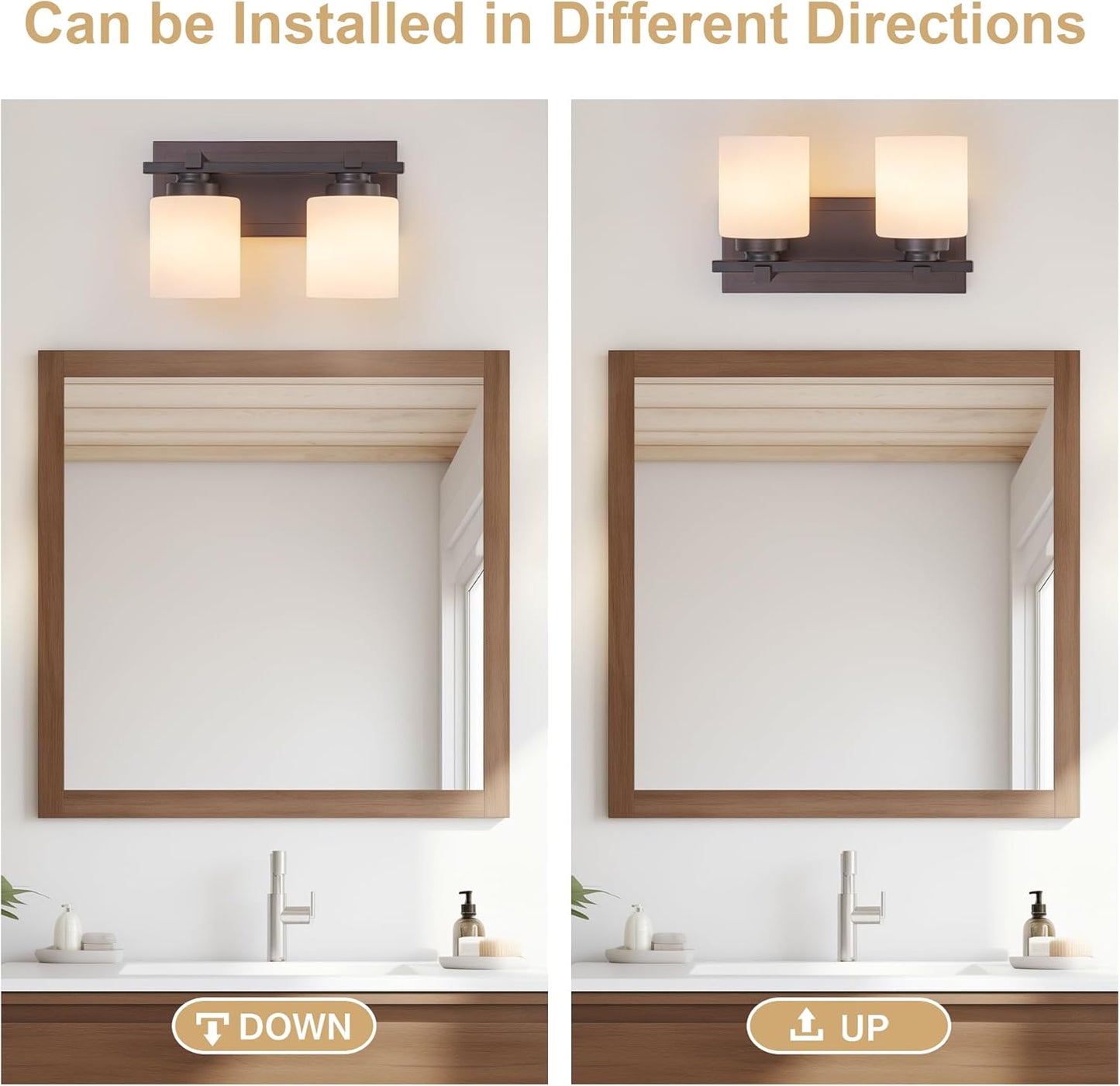 2 Light Modern Bathroom Light Fixtures Over Mirror, Bronze Finish Vanity Lights for Bathroom Wall Sconces with Milky White Glass Shades, E26 Socket (Bulbs Not Included)