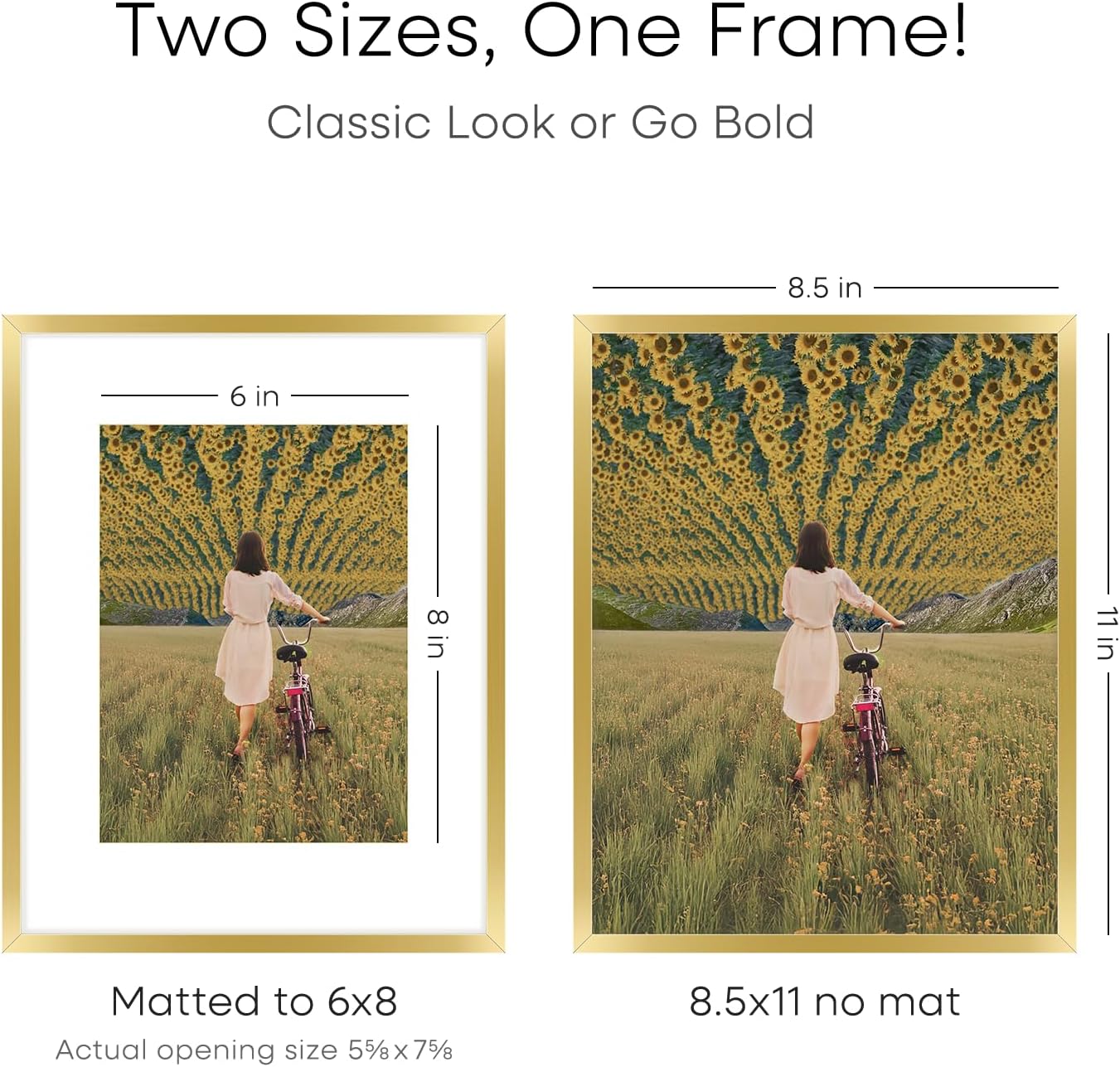 Homeforia 8.5 by 11 Picture Frame Gold, High End Metal 8.5x11 Poster Frames with Mat 6x8 Photo, 8.5 x 11 Frame Matted to 6 x 8 Print, 8.5by11 Wall or Tabletop Frame, Tempered Glass, Wall Kit, Set of 3