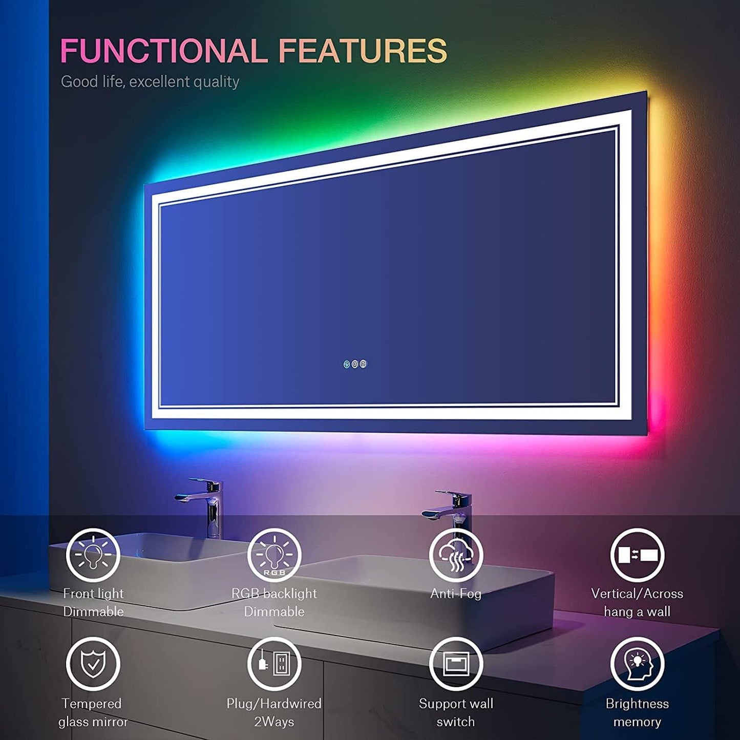 60x28 Inch LED Bathroom Mirror with Lights, RGB Color Changing Lighted Mirrors for Bathroom Wall, Dimmable, Anti-Fog,Large LED Mirror for Bathroom (RGB Multicolor Backlit+Front-Lit)