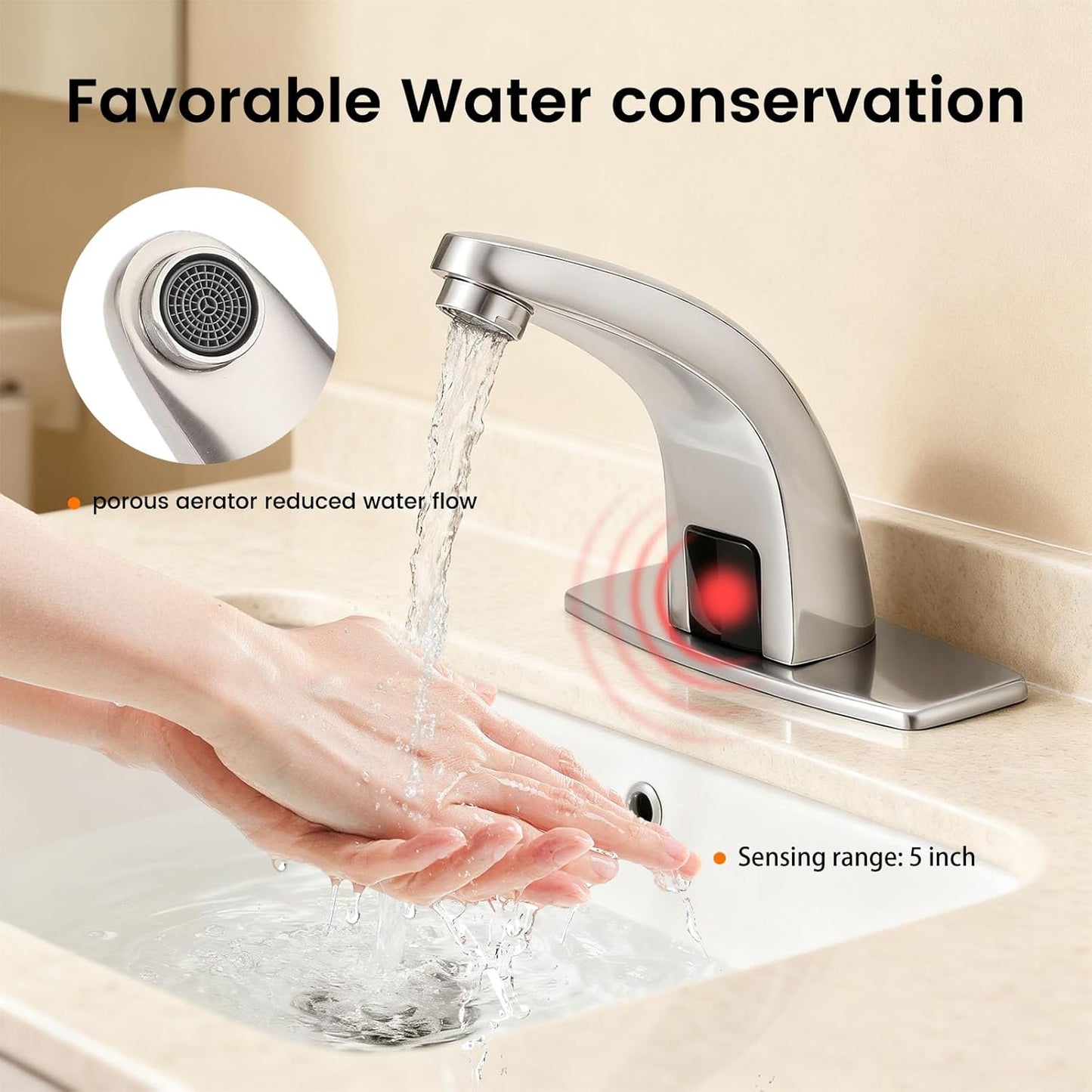 Touchless Bathroom Sink Faucet，Automatic Motion Sensor Faucets with 1 Hole Plate for Water Bath Commercial Lavatory Farmhouse, Brushed