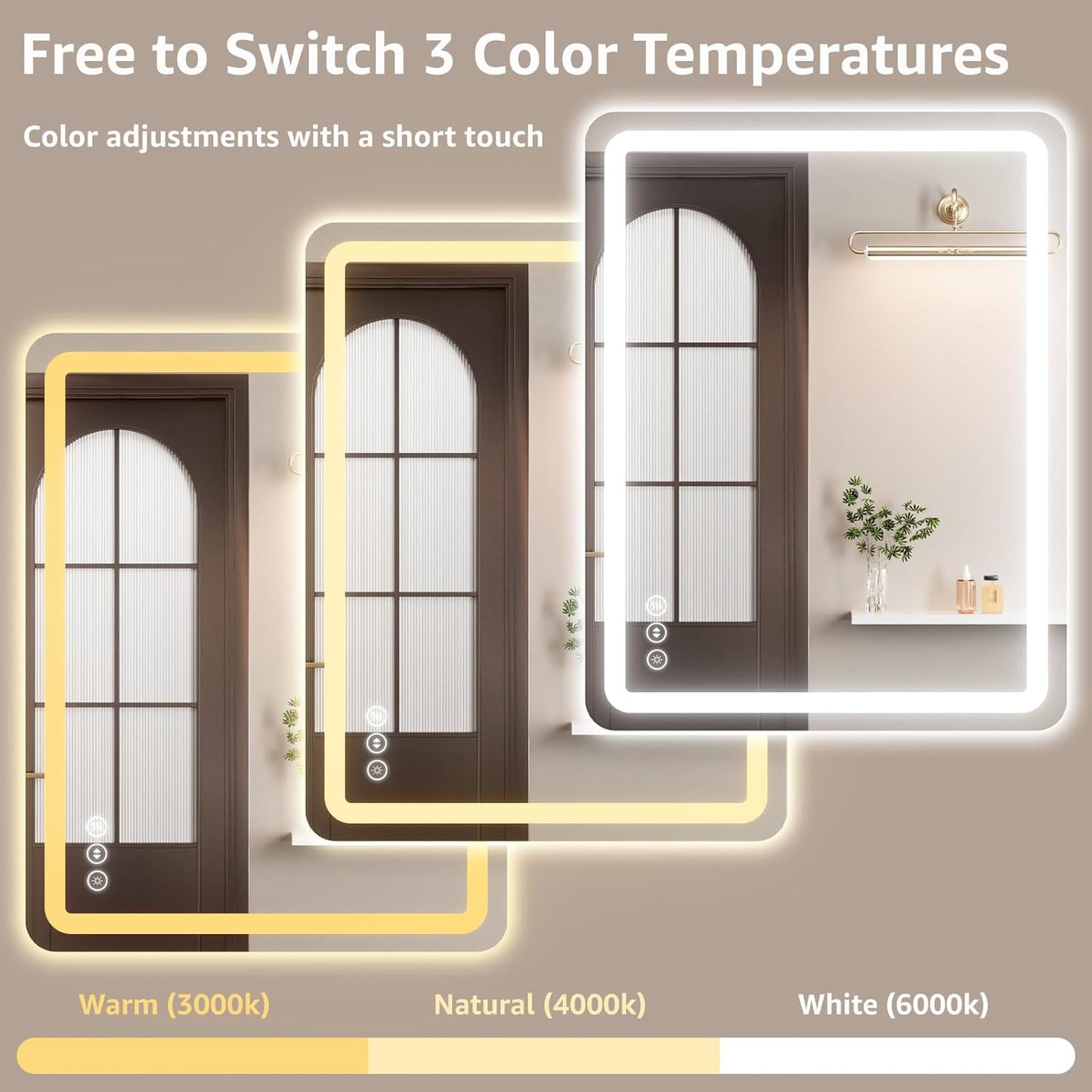 48" x 30" Led Bathroom Mirror with Lights, Anti-Fog & Tri-Color Lighting - Wall Mounted Shaving Mirror with Touch Sensor, Waterproof & Smart LED Vanity Mirror,Tempered Glass, Dimmable Smart Mirror
