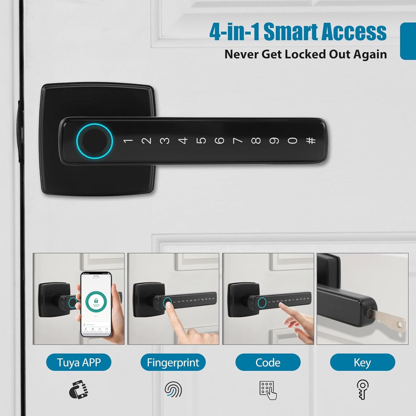 Bamberg N1 Smart Door Knob,4-in-1 Keyless Entry with Fingerprint, Tuya APP, Keypad Code & Key | Biometric Fingerprint Lock for Privacy on Bedroom, Apartment, Office and Indoor Doors