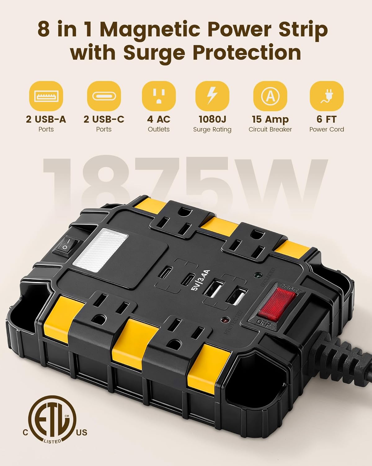 SURAIELEC Magnetic Power Strip, 1080J Surge Protector, 4 Outlets, 2 USB-A & 2 USB-C, 6 Ft Cord, Dual Magnets & 4 Mounting Holes, ETL Listed