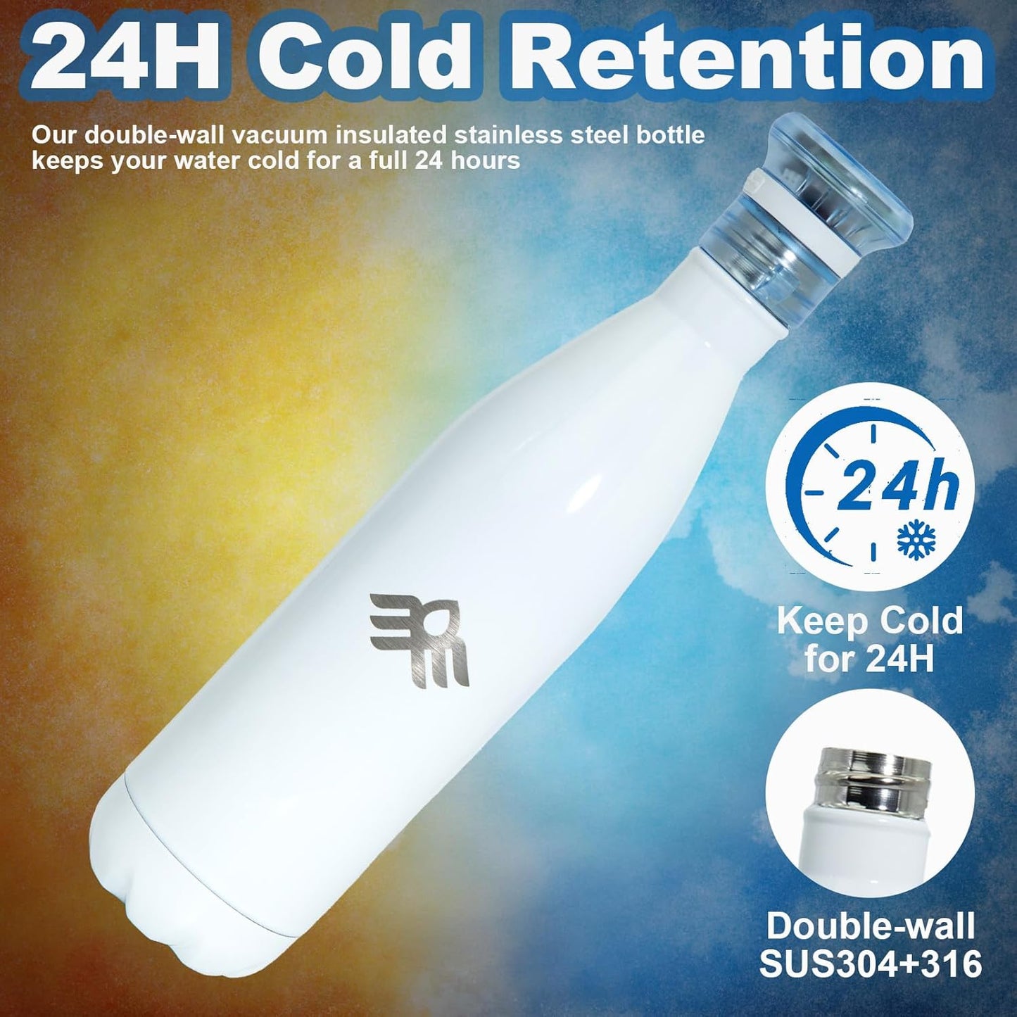 Smart Self-Cleaning Water Bottle 17oz Ivory Stainless Steel Insulated Purifying Bottle LED + Activated-Carbon Dual Filtration USB-C Rechargeable BPA-Free for Outdoor, Gym & Office