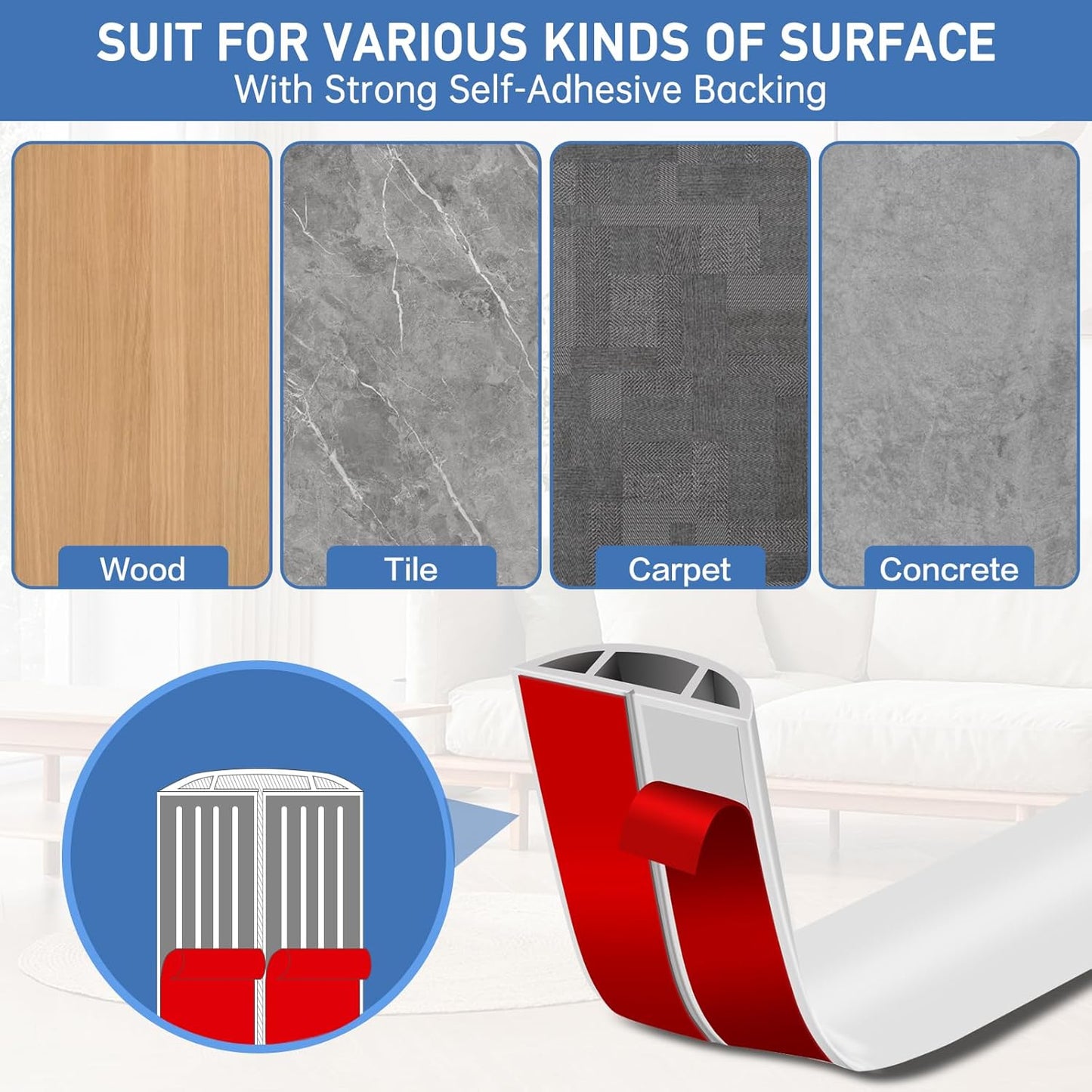 Floor Cord Cover Self Adhesive Cord Hider Floor Extension Cord Covers for Floor Power Cord Protector Cable Management Prevent Cable Trips Cable Cavity 0.51" W x 0.31" H (White, 3.3Ft)