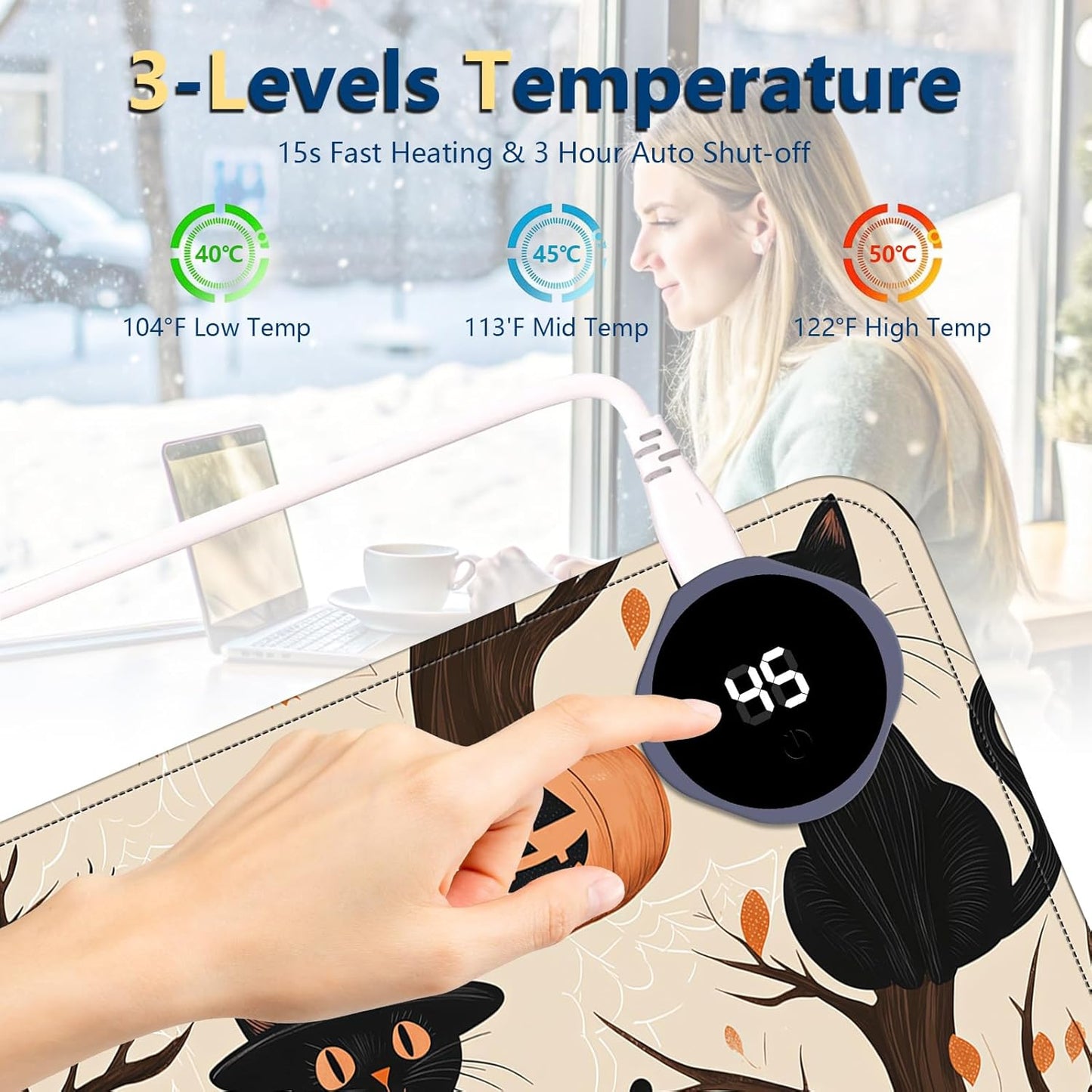 Heated Mouse Pad with 3 Temperature Settings(104°F–122°F),Large 31.5x13 Inch PU Leather Heated Desk Mat,Waterproof Warming Pad for Office,Gaming & Cold Hands Relief,Black Cats Pumpkins