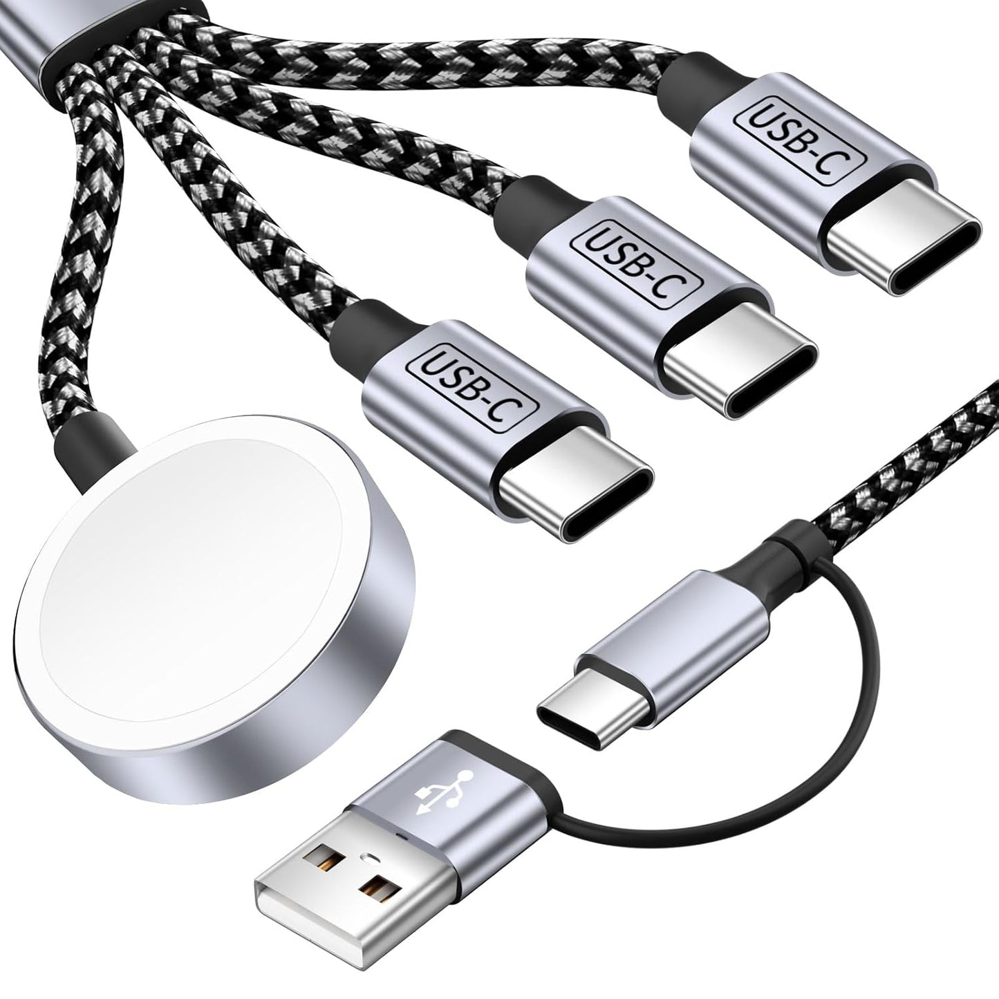 4 in 2 Charging Cable for Apple iWatch Charger with 3 Type-C Ports, Travel Essentials USB C Splitter Multi Charging Cable/Cord for iWatch Ultra/SE/10-1, iPhone17 16 15 14, Android, More -1Pack 5FT