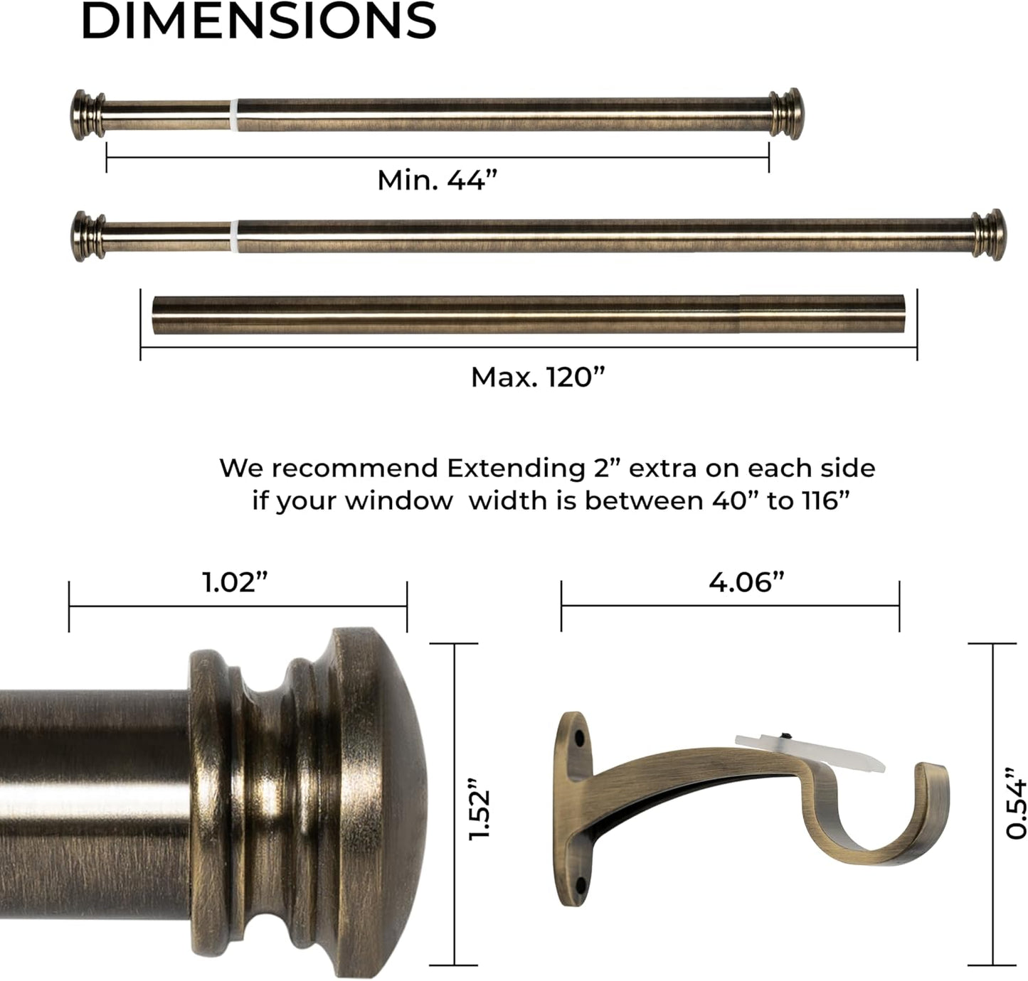 Deco Window Adjustable Curtain Rod for Windows 44 to 120 Inch Extendable Heavy Duty 1 Inch Iron Drapery Pole with End Cap Finials Wall Mounted French Door Curtain Rods (Pack of 1, Antique Brass)