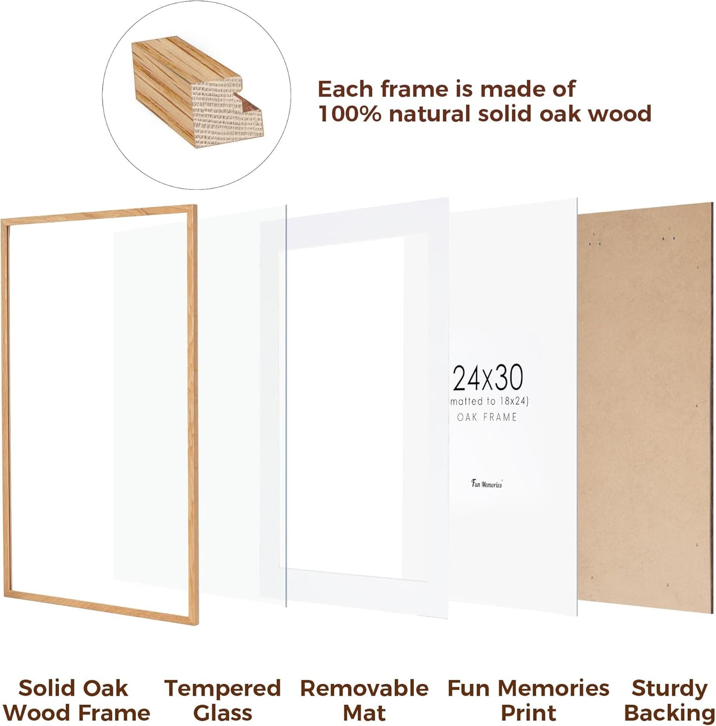 Fun Memories 24x30 Oak Wood Picture Frame, 24"x30" Poster Frame for Wall, Rustic Wood Frame 24x30 with Real Glass, 24 x 30 Frame with Mat for 18 x 24, Large Art Frames (Beige Oak Color, 1 Pack)