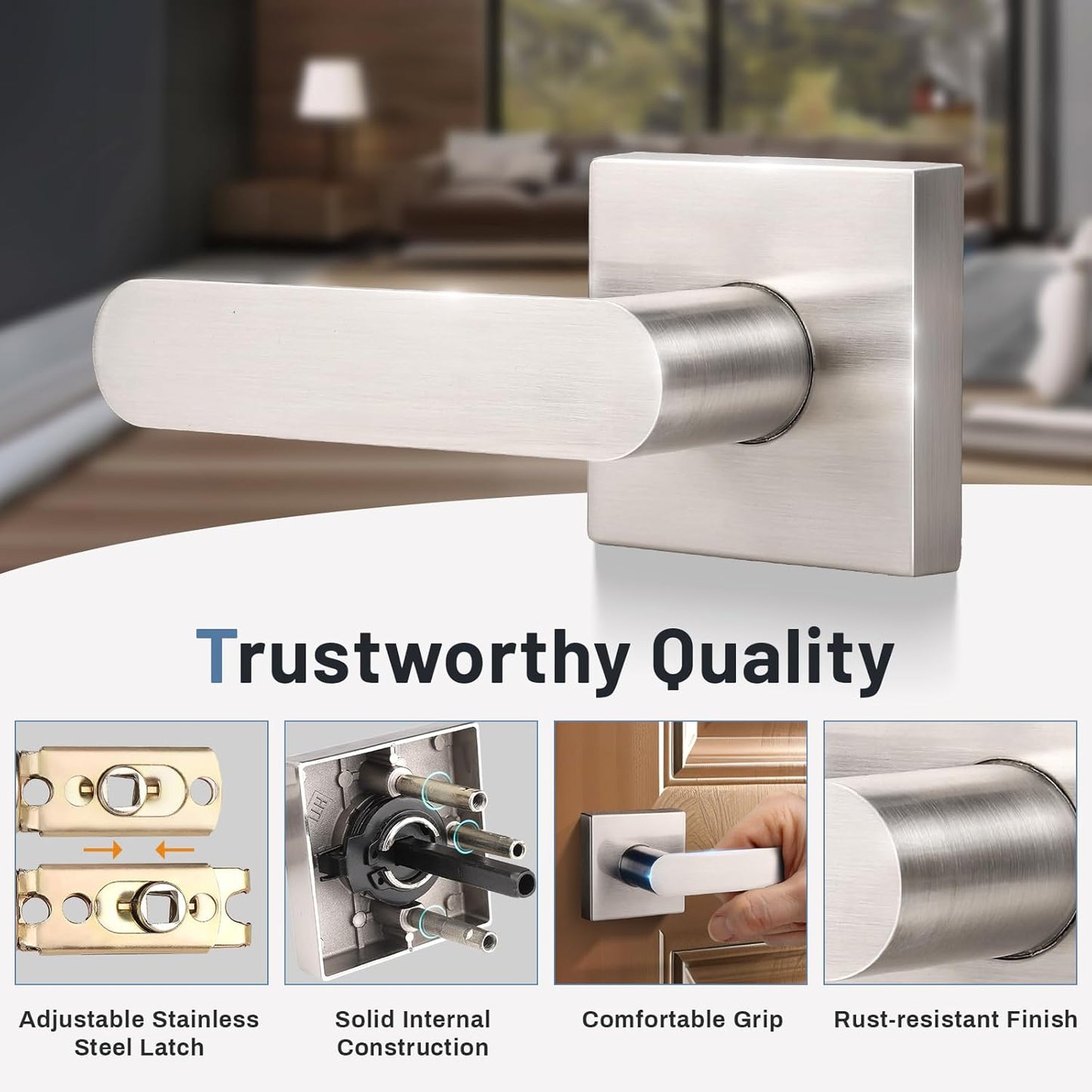 KNOBWELL 2 Pack Interior Door Handle,Satin Nickel Finish Door Levers, Passage Knob for Closet Hallway, Zinc Alloy Construction, 250,000-Cycle Durability