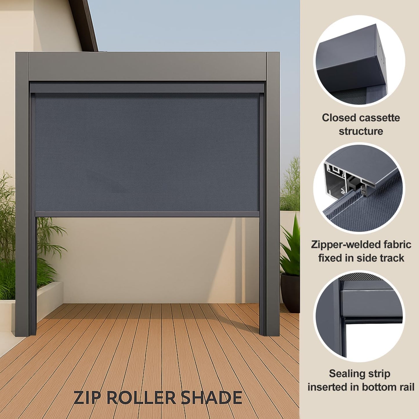 ZSHINE Hard-Wired Outdoor Snow Blocking Weatherproof Motorized Patio Roller Shades Remote Control for Porch Balcony Customized Size (Grey 1% Openness)