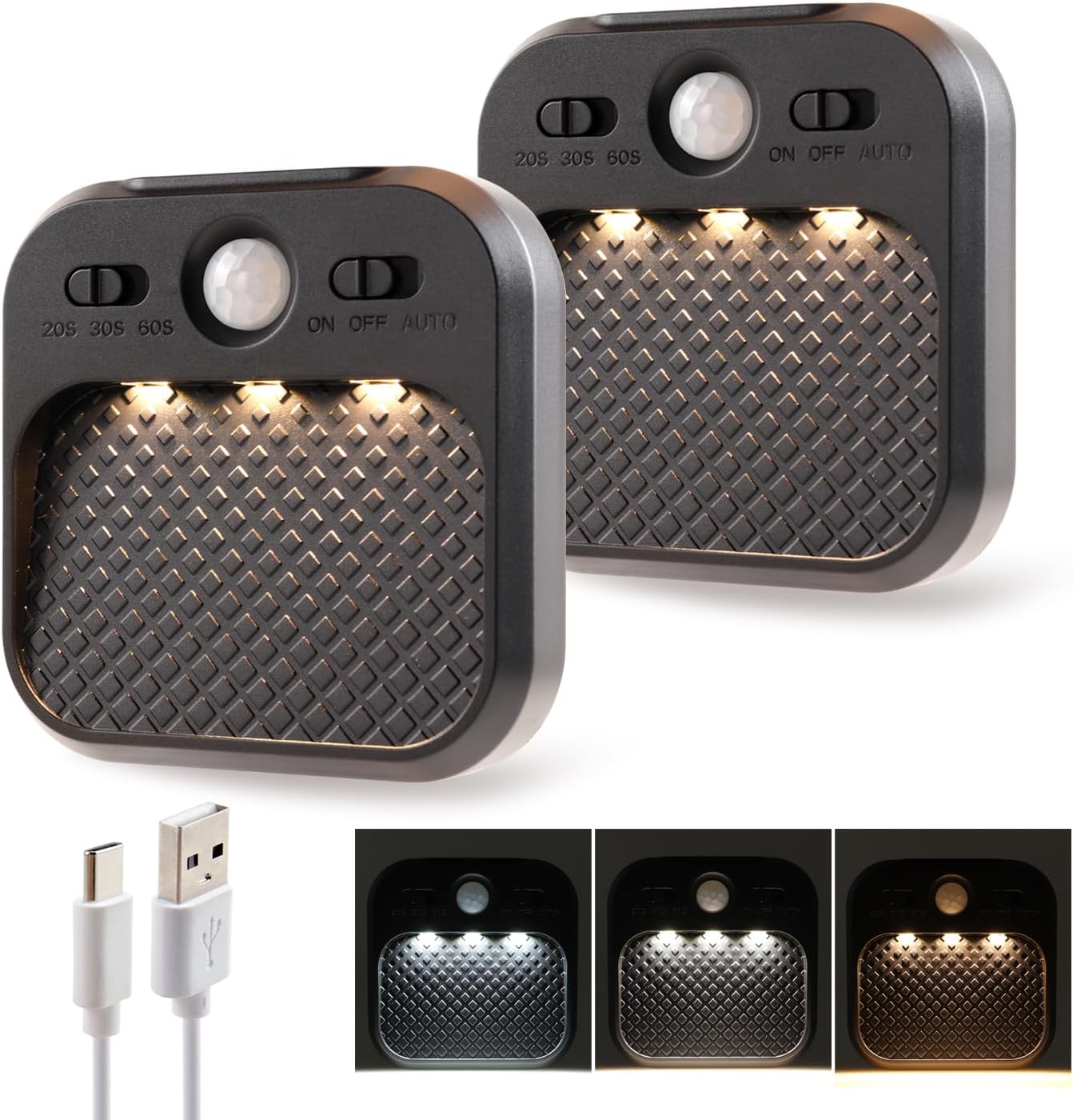Led Night Light with Motion Detector 2 Pack, Cabinet Light Dimmable with Timer Function, Staircase Lighting 3 Color Temperature 3000/4500/6000K, Hallway Light Rechargeable 600mAh for Children's Room