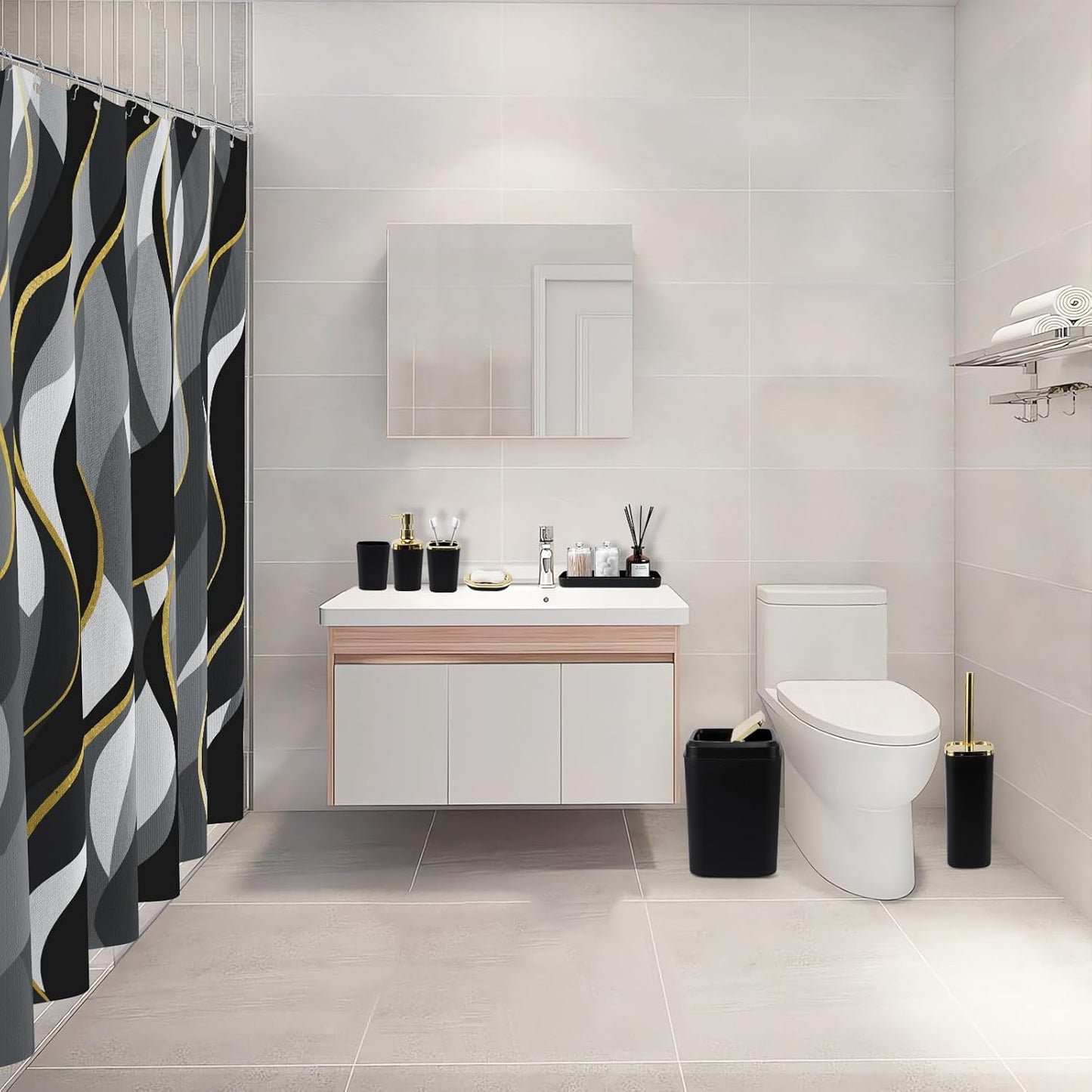Black Bathroom Set, Bathroom Sets with Stripe Shower Curtain, Black and Gold Bathroom Accessories with Trash Can, Soap Dispenser, Soap Dish, Toilet Brush Holder, Qtip Holders for Bathroom