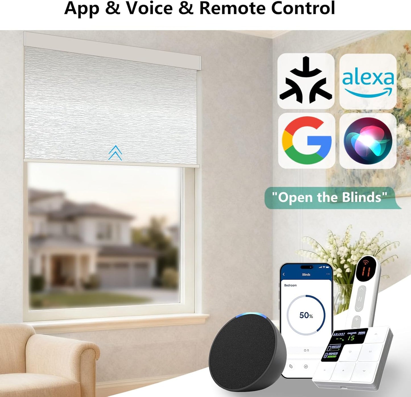 Smart Motorized Blinds – 100% Blackout Roller Shades with Remote, Alexa/Google Home/Siri Control, Matter Compatible, Wireless Rechargeable Battery, Custom Sizes for Windows & Sliding Doors