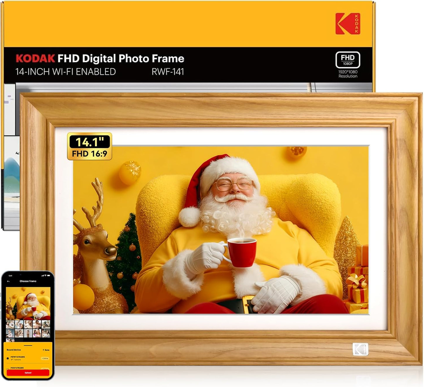 Kodak 14.1 Inch Smart WiFi Digital Picture Frame 1920x1080 Touch Screen, Auto-Rotate, Built in 32GB Memory, Share Photos and Videos for Anywhere Anytime, for Friends and Family (Wood)