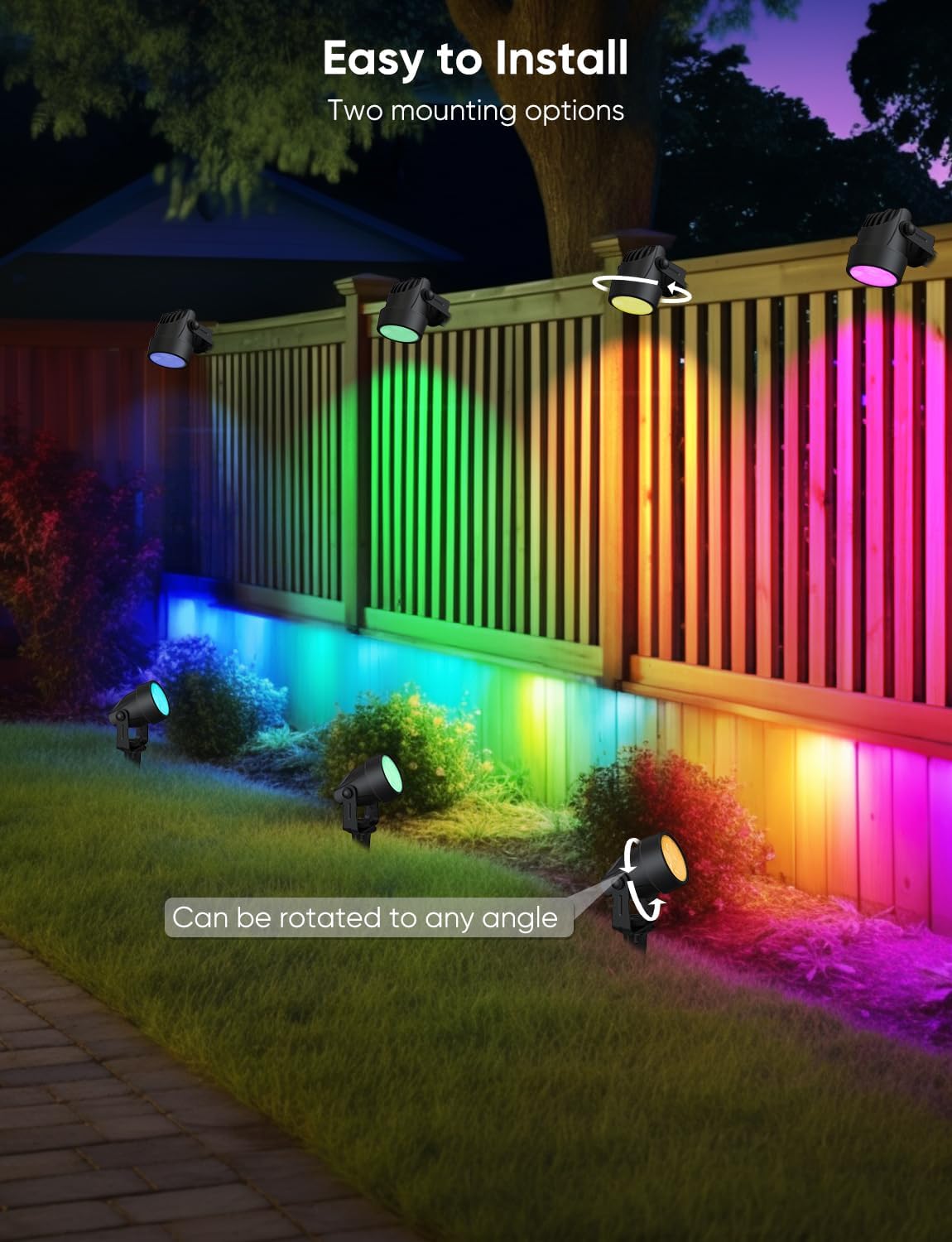 APPECK Spot Lights Outdoor, RGBW Low Voltage Landscape Lighting, Color Changing Uplighting Spotlights with App, IP65 Waterproof LED Outdoor Lights for Garden Yard Outside Decoration, 4 Pack