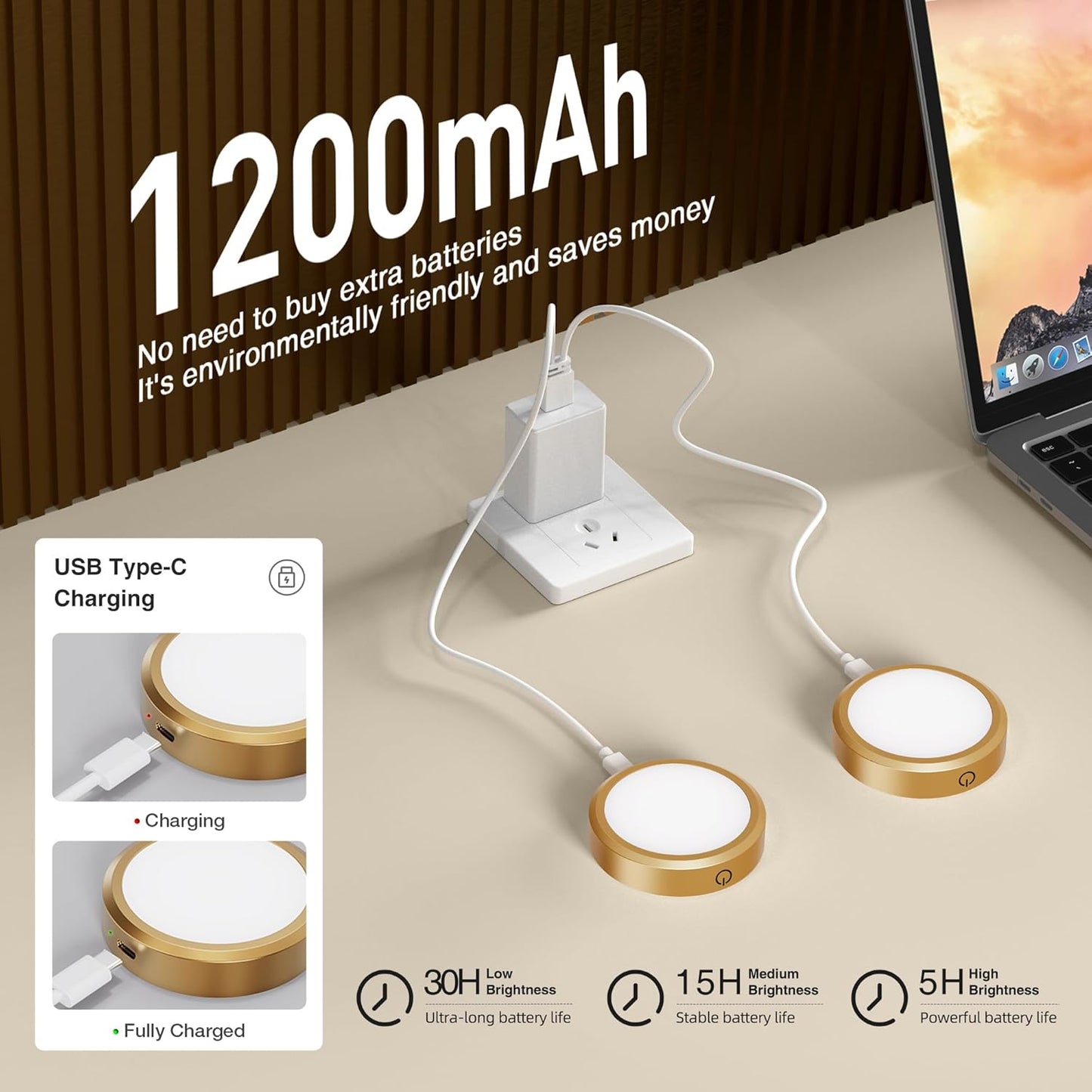 Rechargeable Puck Lights with Remote Control,LED Under Cabinet with Full-Screen,3 Color Temperatures Stick On Lights Wireless, Tap Light for Kitchen,Cabinet,Counter,Closet,Shelf,2 Pack, Gold