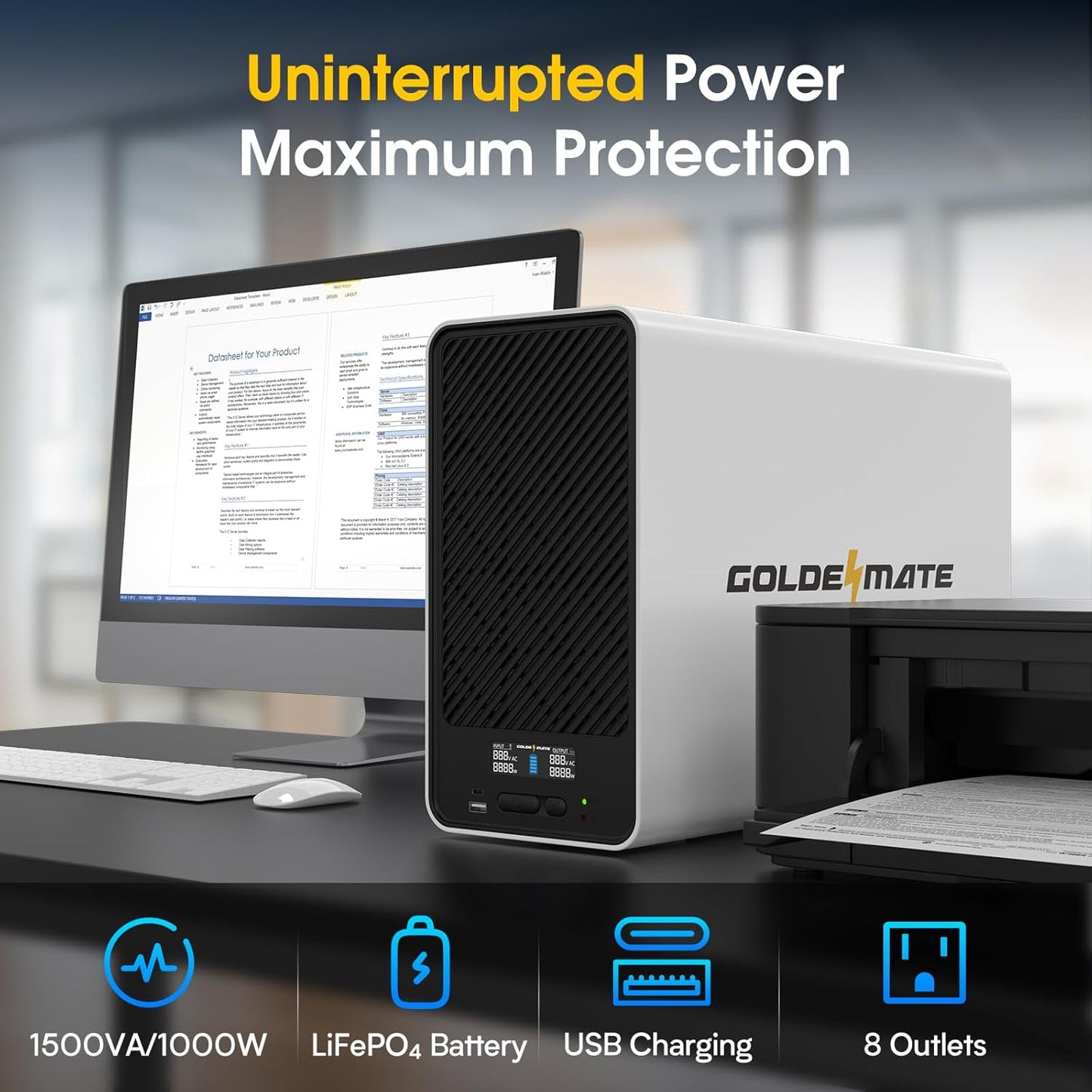 GOLDENMATE 1500VA/1000W Lithium UPS Battery Backup and Surge Protector, Backup Battery Power Supply with LiFePO4 Batteries(296Wh), AVR, Line Interactive Sinewave UPS System, 8 Outlets, LCD Display