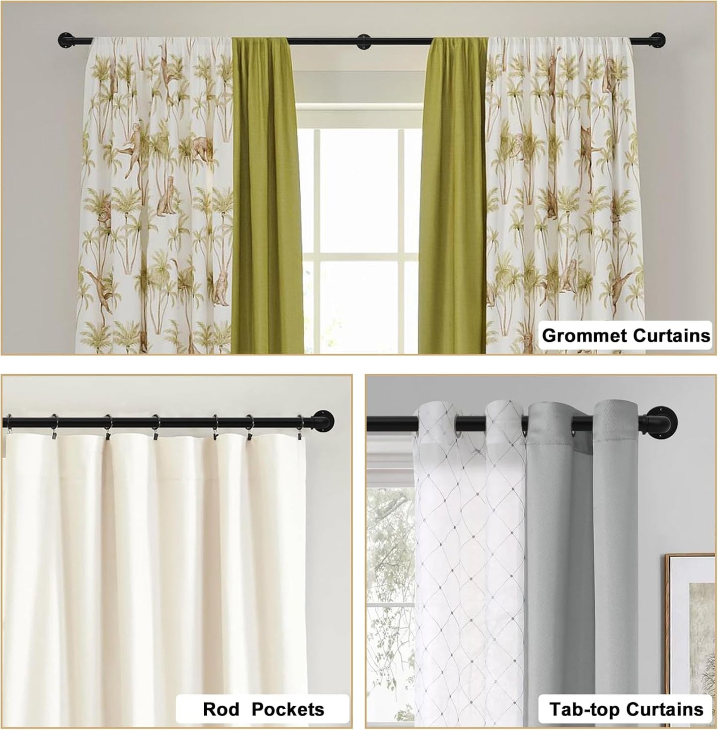 Black Curtain Rods 18 to 88 Inch, Industrial Curtain Rods,Adjustable Length,1 in Diameter Pipe,Wall or Ceiling Mounted,for Bedroom and Living Room(Black 18” to 88”)