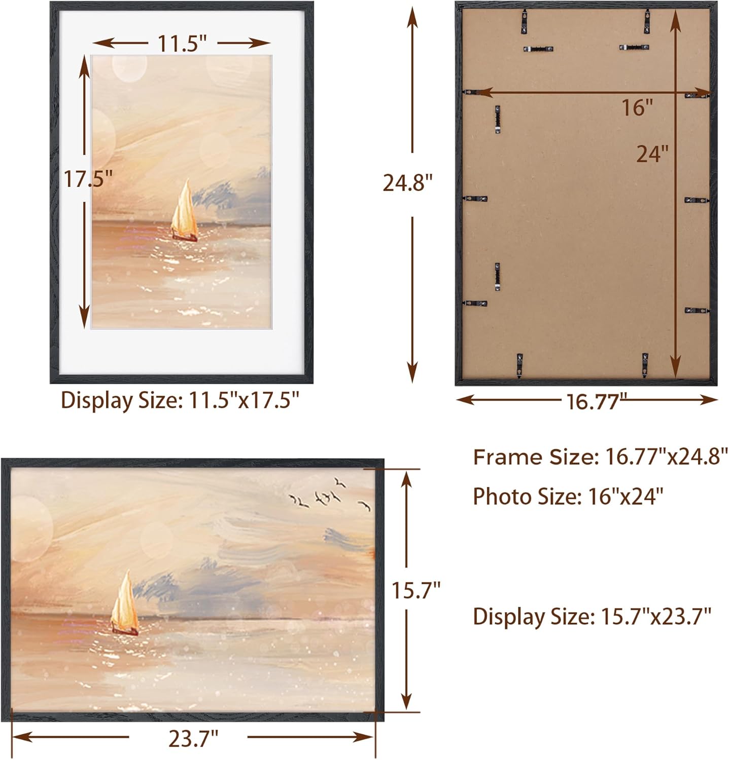 Fun Memories Black 16x24 Picture Frame, Oak Wood 16 x 24 Poster Frames Set of 2, Rustic 16 by 24 Frame for Wall, 16x24 Frame with Mat for 12x18, Tempered Real Glass