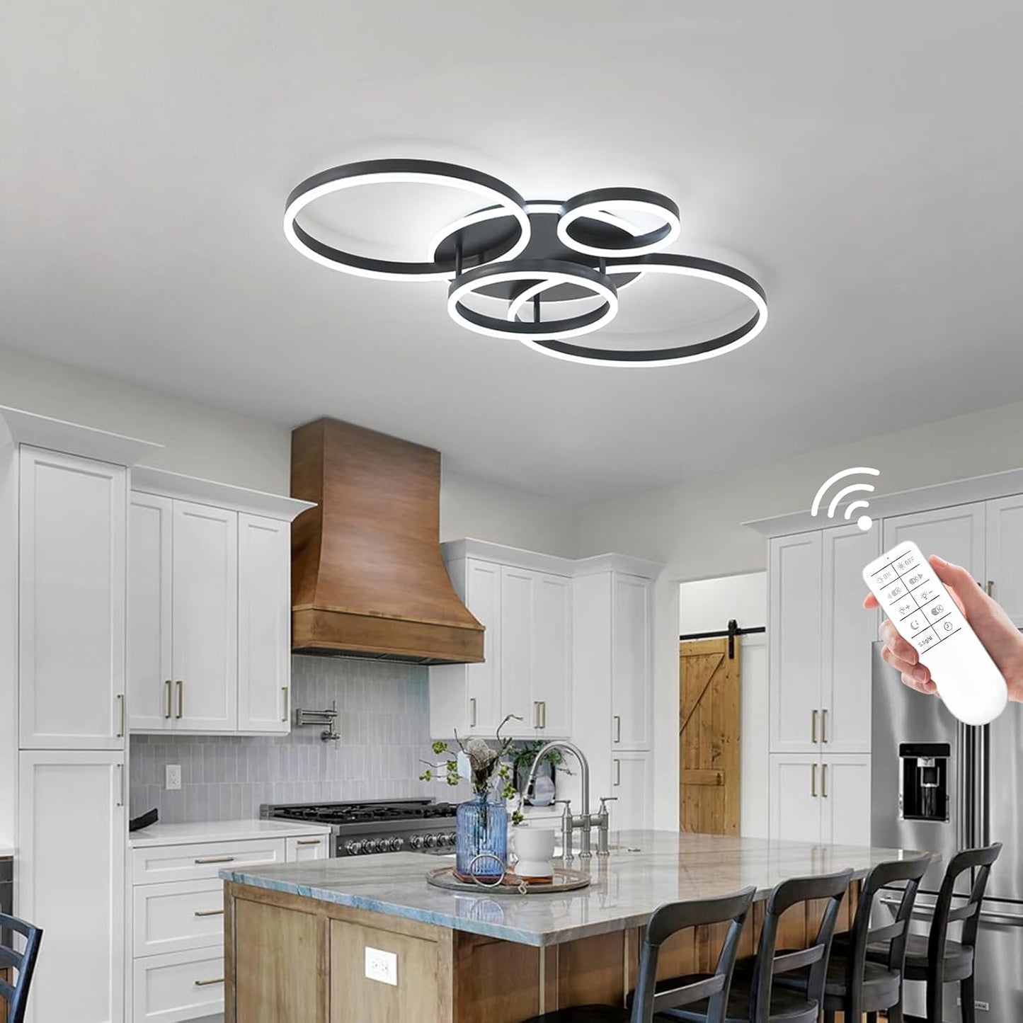 O'NEELDY Flush Mount Modern Ceiling Light Black Led Modern Light Fixtures Ceiling Mount Lights 4 Rings Led Chandelier Lamp Fixture with Remote for Living Room Kitchen Dining Room Bedroom