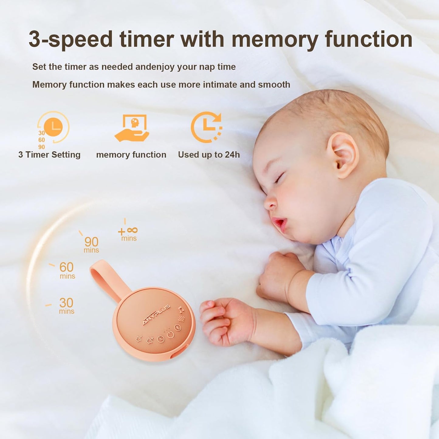 White Noise Sound Machine for Sleeping Adults & Baby, Portable Noise Machine with 24 Soothing Sounds, Bluetooth 5.1, Battery Powered, 3 Timer Settings, Memory Function for Home, Office, Travel(Orange)