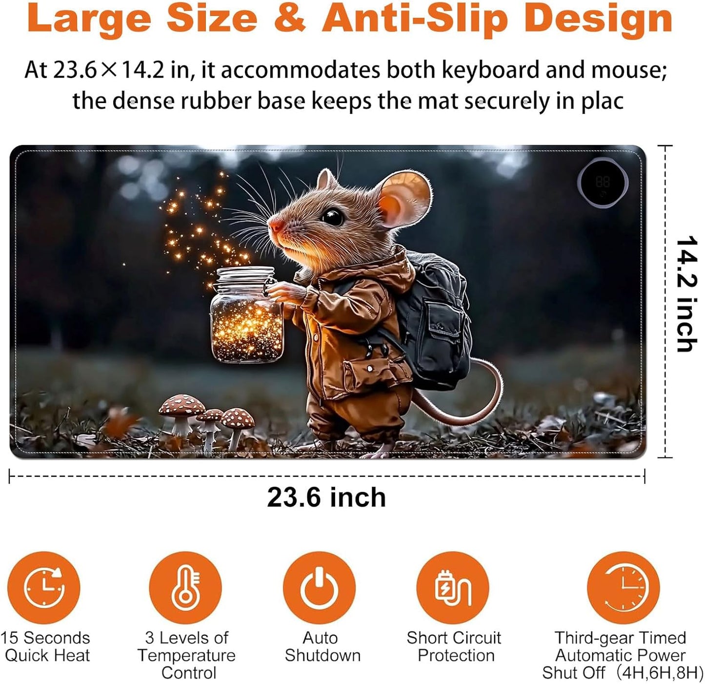 Small Heated Desk Pad 23.6" x 14.2" – Compact Electric Mouse Pad with 3 Heating Levels, Auto Shut-Off, Waterproof PU Surface, Plug-in Warmer for Office or Home Use, Mouse with Lantern