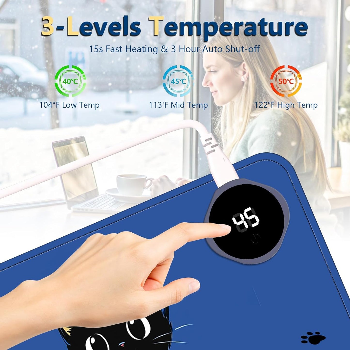 Heated Mouse Pad with 3 Temperature Settings(104°F–122°F),Large 31.5x13 Inch PU Leather Heated Desk Mat,Waterproof Warming Pad for Office,Gaming & Cold Hands Relief,Cute Black Cat