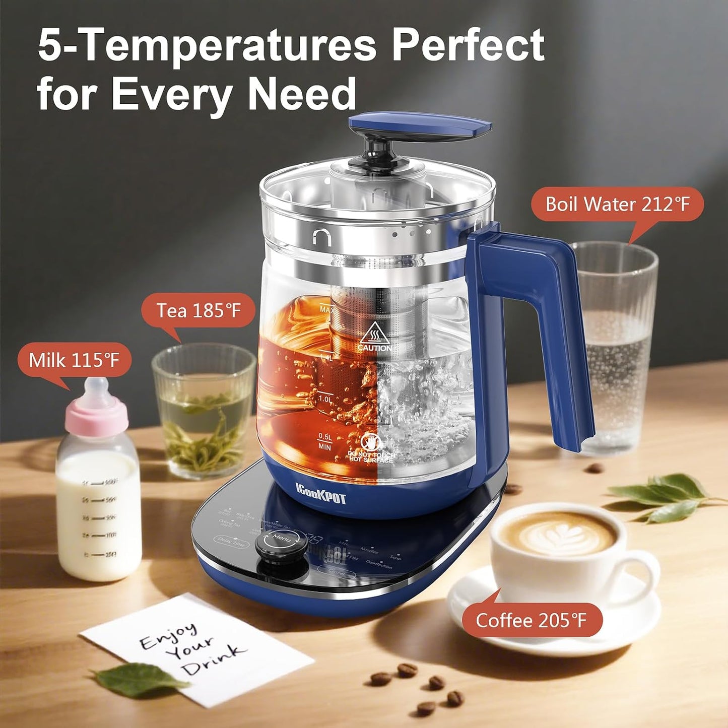 Electric Kettle, 1.5L Borosilicate Glass Hot Water Kettle Electric & Tea Kettle for Coffee or Tea, BPA Free, Auto Shut-Off, Stainless Steel, Blue, 1200w