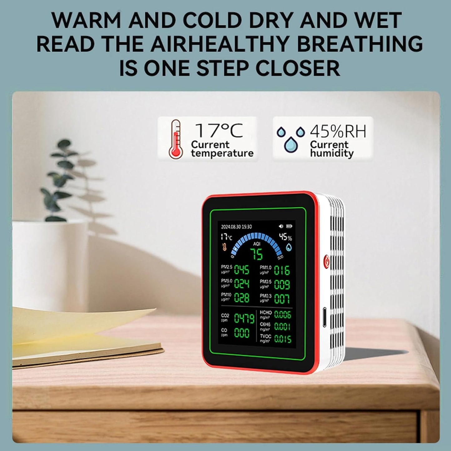 AUNMAS Air Quality Monitor Indoor, CO2 TVOC HCHO PM2.5 PM10 Temp Humid Detect Tester Meter for Home Hotel Office Car