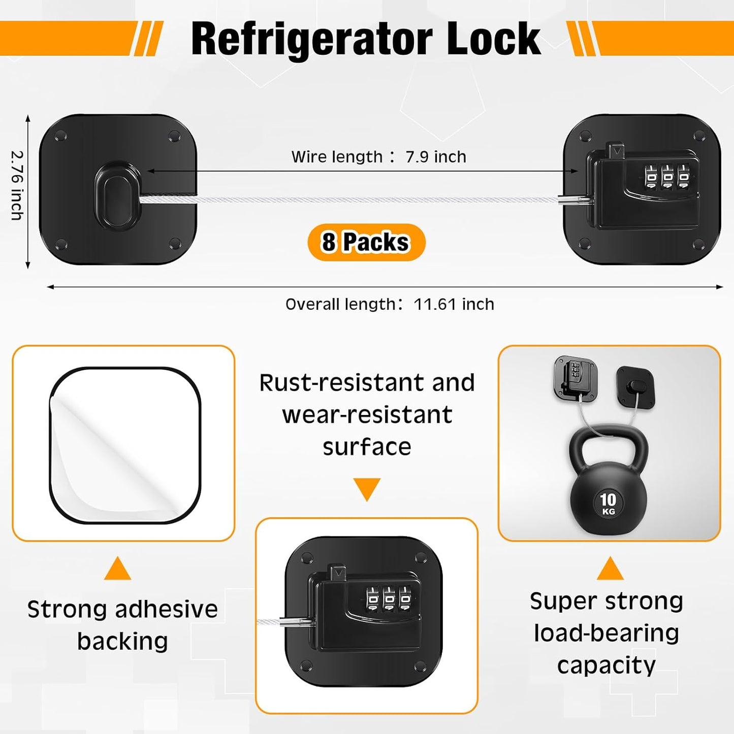8 Pack Fridge Lock Heavy Duty Locks for Fridge Freezer Lock for Child Safety Cabinet Coded Adhesive Combination Refrigerator for Drawers Cabinet Window Easy Install No Drilling Black(Black)