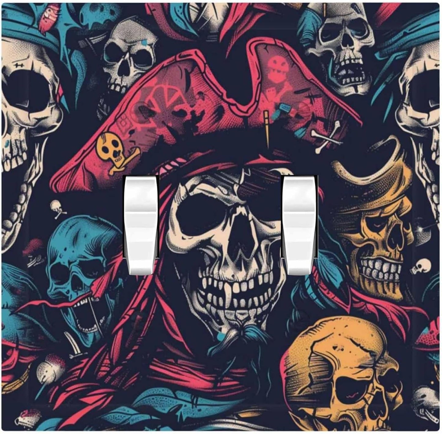 Decorative Switch Plates Pirate Colourful Skeleton Red Hat 2 Gang Double Toggle Outlet Light Switch Cover Wall Plate Electrical Faceplate For Farmhouse Cabin Decor