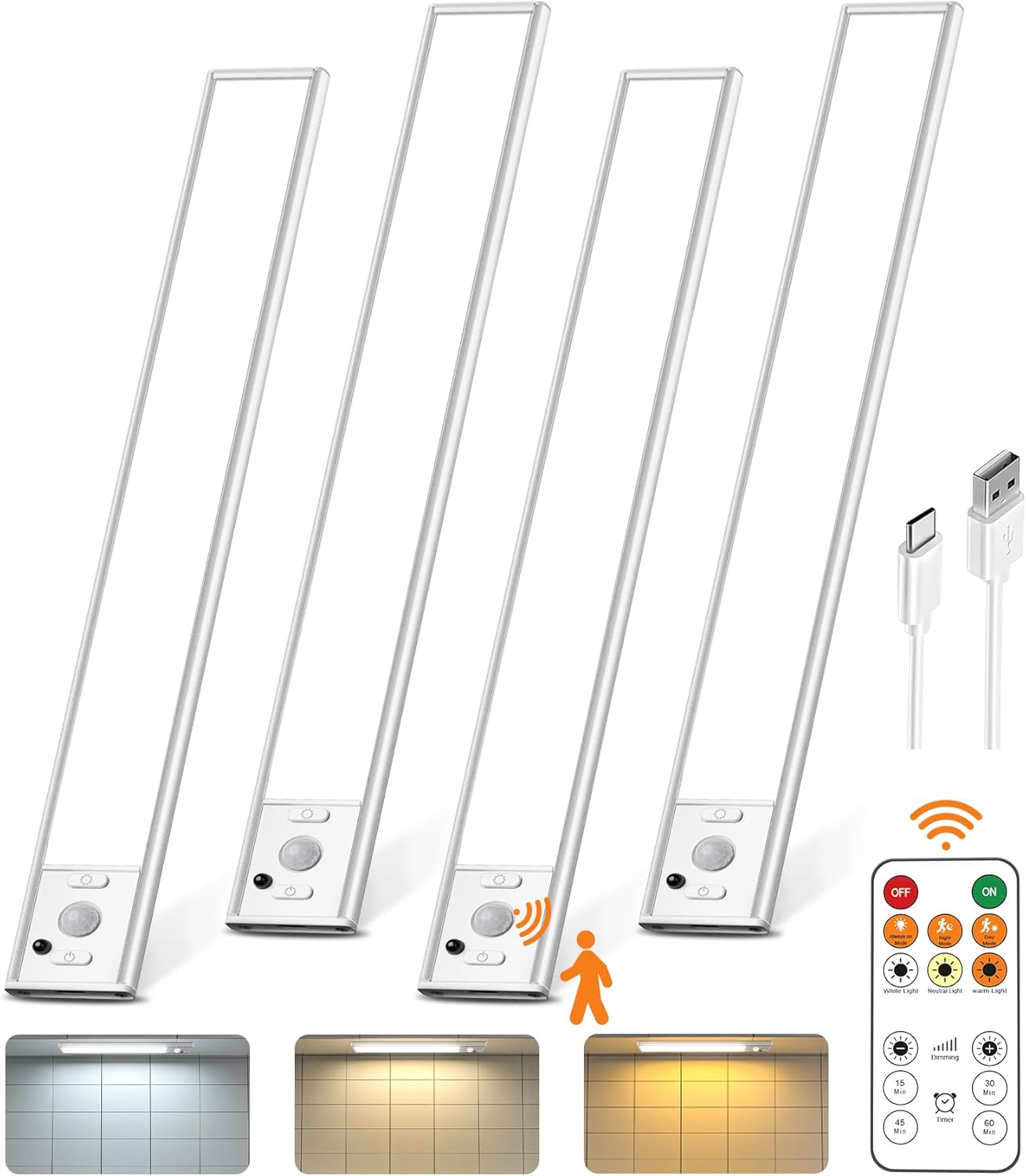 Under Cabinet Lights Wireless,Motion Sensor Light Indoor with Remote Control,2500mAh LED Rechargeable Battery Operated Closet Light,3 Color Temps,Under Counter Lights for Kitchen,Stairs,4 Pack