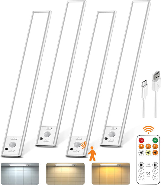 Under Cabinet Lights Wireless,Motion Sensor Light Indoor with Remote Control,2500mAh LED Rechargeable Battery Operated Closet Light,3 Color Temps,Under Counter Lights for Kitchen,Stairs,4 Pack