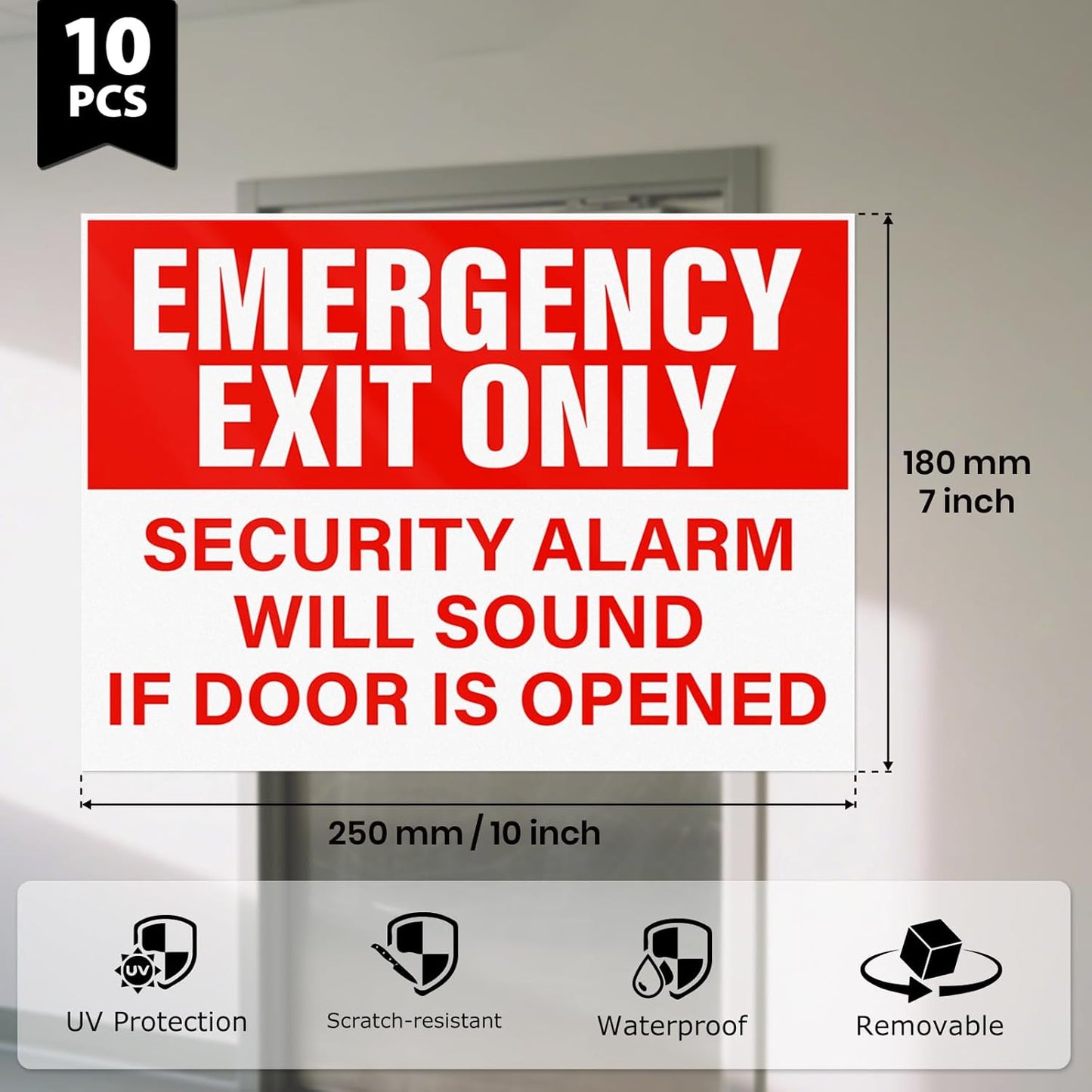 10 Pack Emergency Exit Only Security Alarm Will Sound If Door Is Opened Stickers 10 × 7 Inches Vinyl Self Adhesive Waterproof Safety Signs for Workplace Warehouse Office