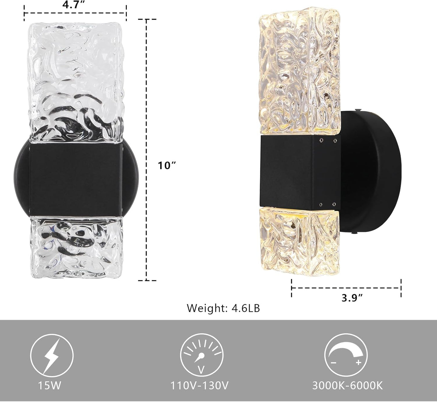 HuisMier Black Crystal Wall Sconces, Modern 3000K-6000K Dimmable LED Wall Light Fixtures with Remote, K9 Crystal Vanity Wall Lighting for Bathroom Bedroom Living Room Stairway Hallway, Hardwired