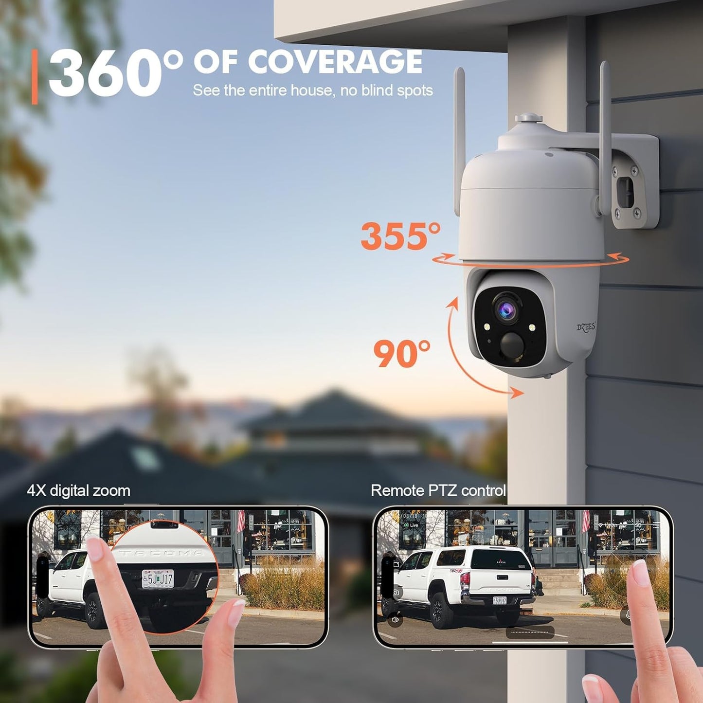 Dzees 360° PTZ Security Cameras Wireless Outdoor WiFi, 2K Battery Powered Home Security Camera Indoor, Spotlight & Siren, Color Night Vision, 2-Way Talk, AI Motion Detection, IP66 2-Pack