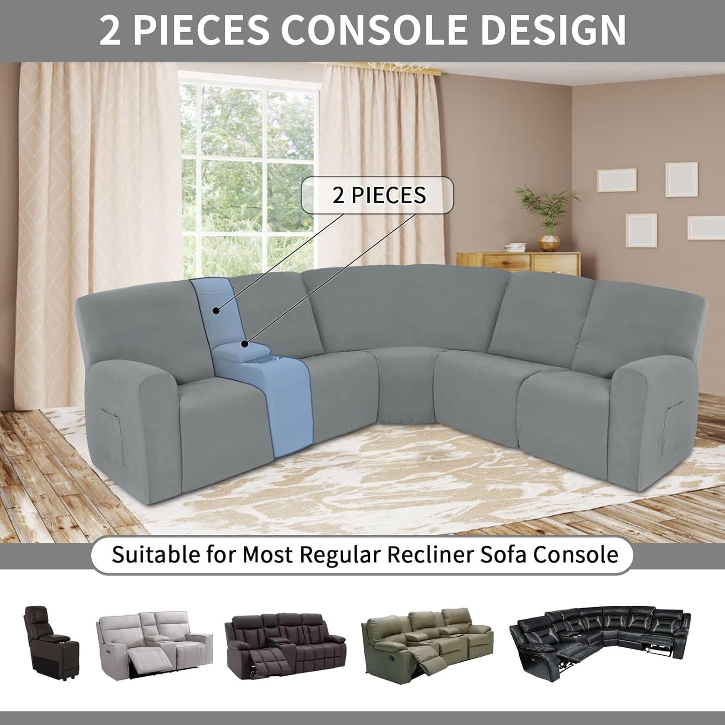 Easy-Going 100% Waterproof Recliner Console Cover, Stretch Middle Console Couch Covers for Reclining Sofas, Sectional L-Shape Furniture Protector for Kids & Pets, 1 Console Cover, Light Gray