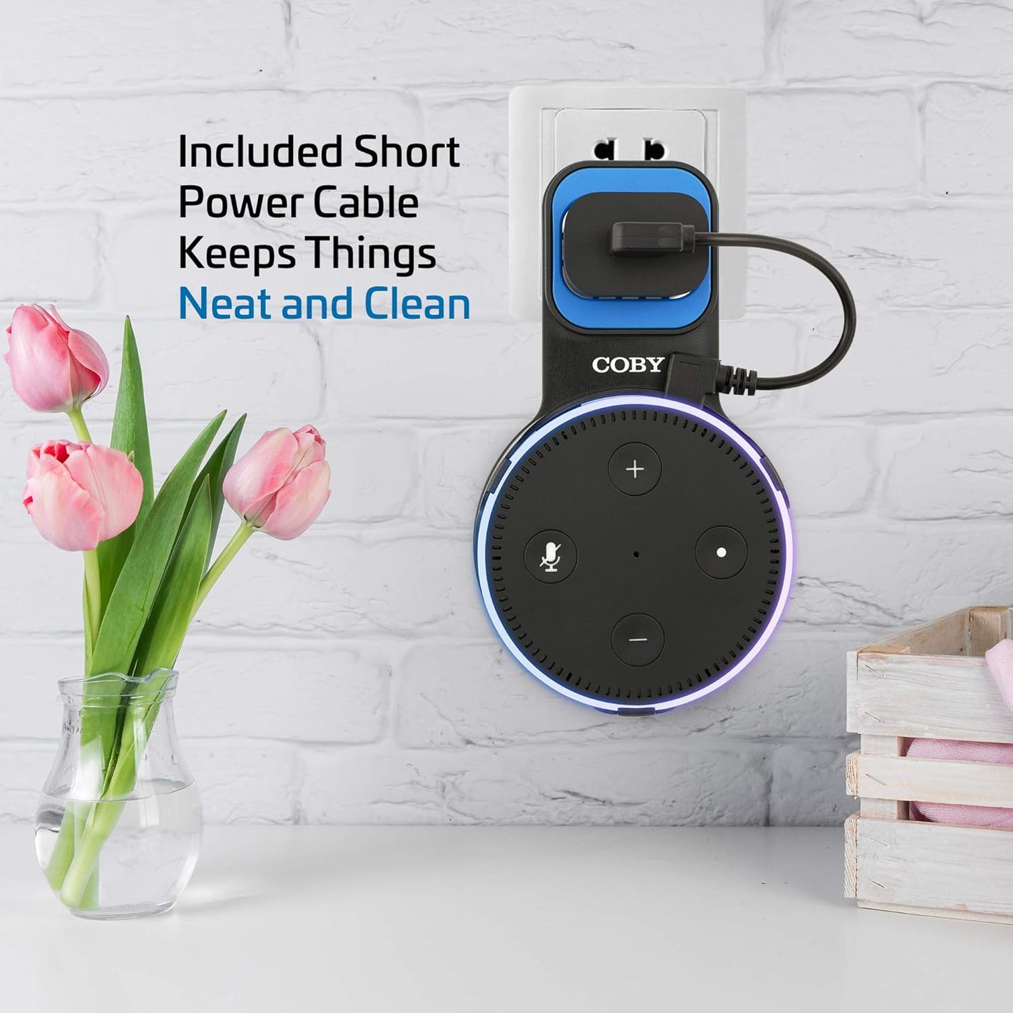 Coby Wall Mount for Echo Dot 2nd Generation, Smart Speaker Holder with Built-in Cable Management, 7.75" USB Charging Cable, Space-Saving Alexa Mount for Kitchen, Bedroom, Office, Bathroom