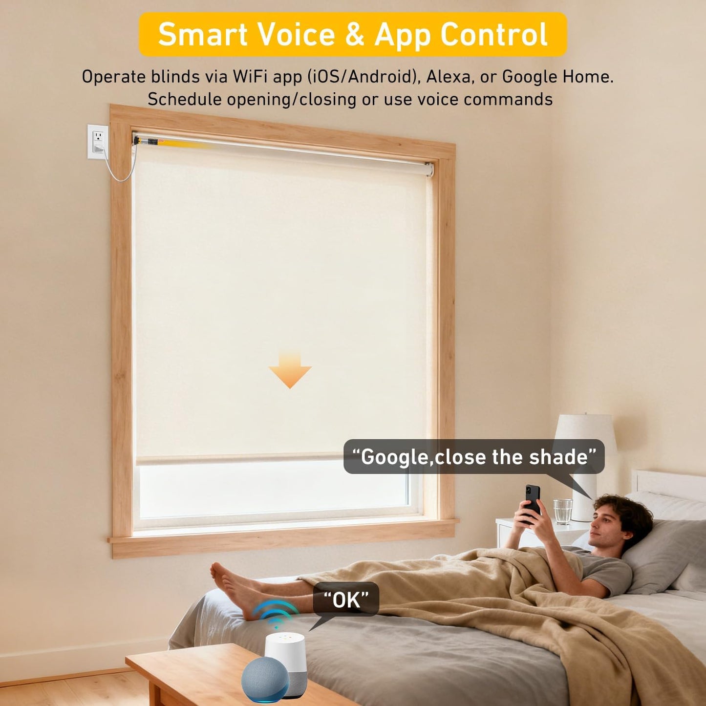 Smart Tuya WiFi Blinds Motor for Roller Shades, Alexa & Google Home Compatible, App & Timer Control, AC100-240V for 1.75"/45mm Tubes, Nlo Hub Required