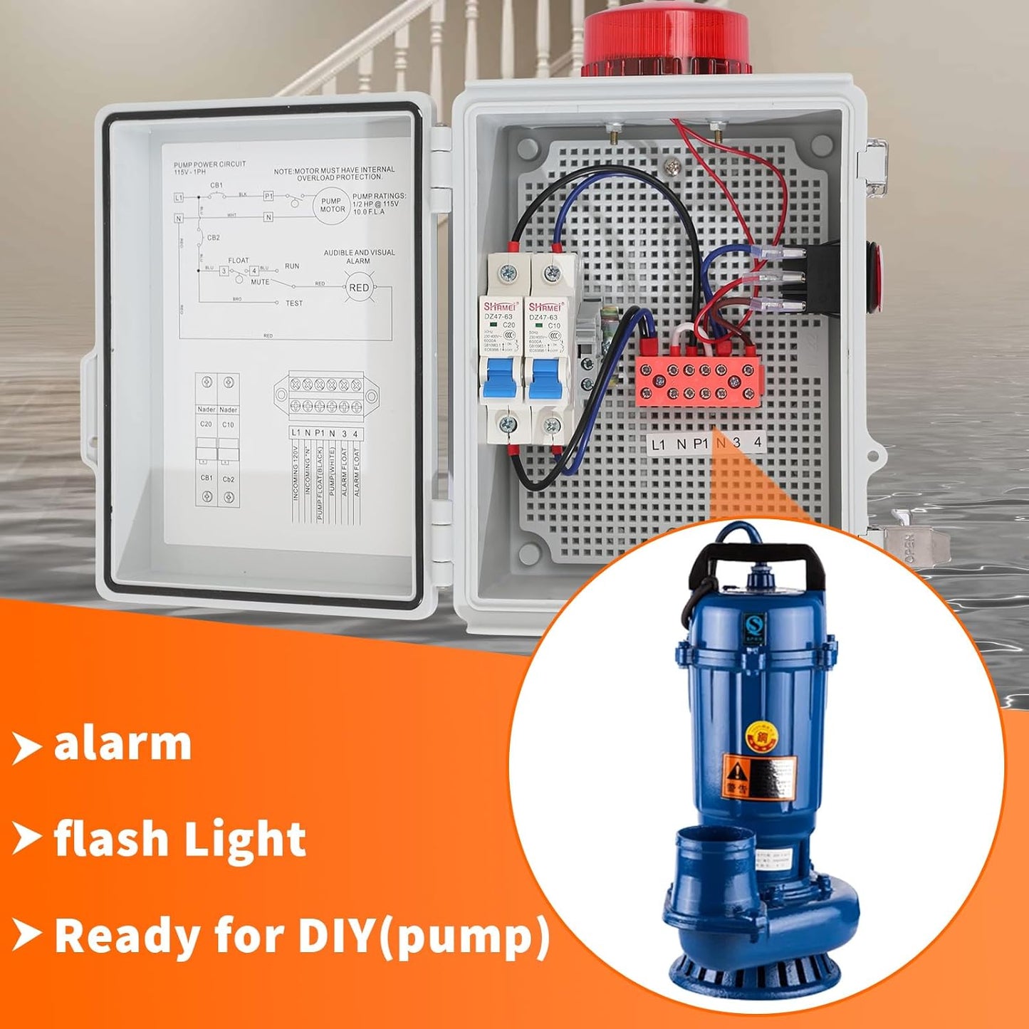 High Water Alarm, Septic Tank Alarm , Sump Pump Alarm with Light and 110 Db Alarm ， Automatic Or Manual Start Water Pump