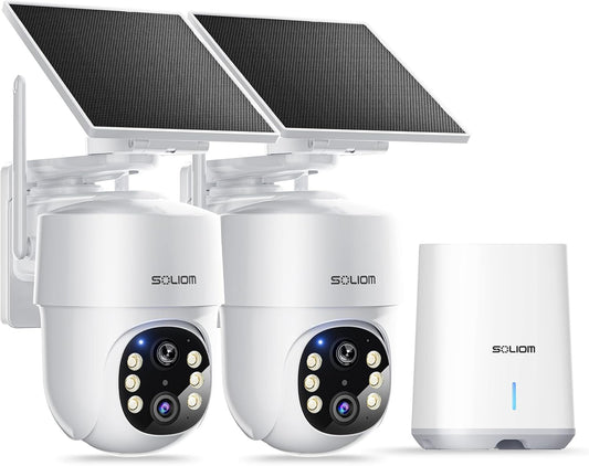 SOLIOM- 5MP Security Cameras Wireless Outdoor, No Subscription,2-Cam Pack, Solar Powered Home Security Camera with 360° Auto Tracking, Pan & Tilt, 3K Color Night Vision,5G & 2.4G Router Compatible